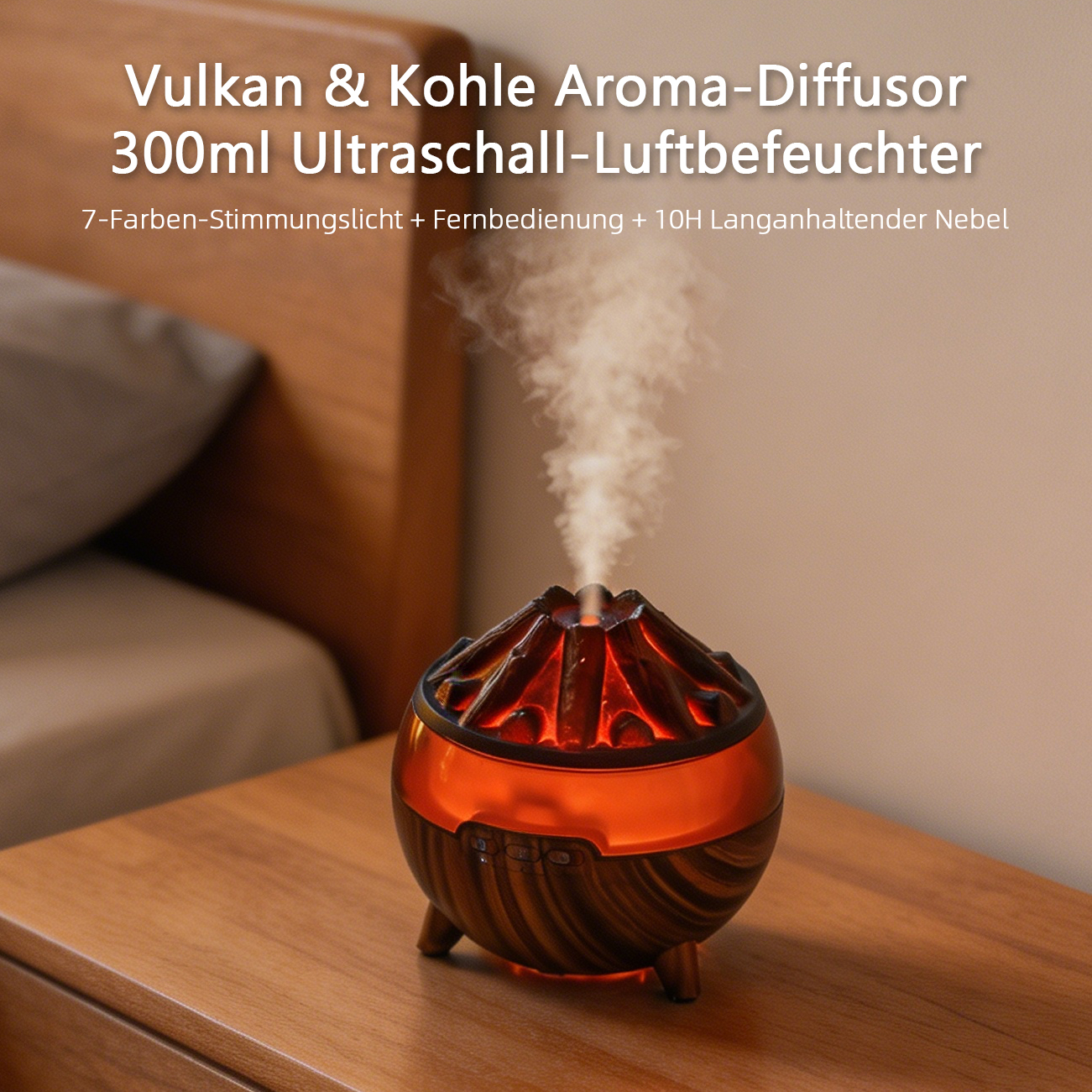 Ein Vulkan-Diffusor mit Rauch auf einem Nachttisch.