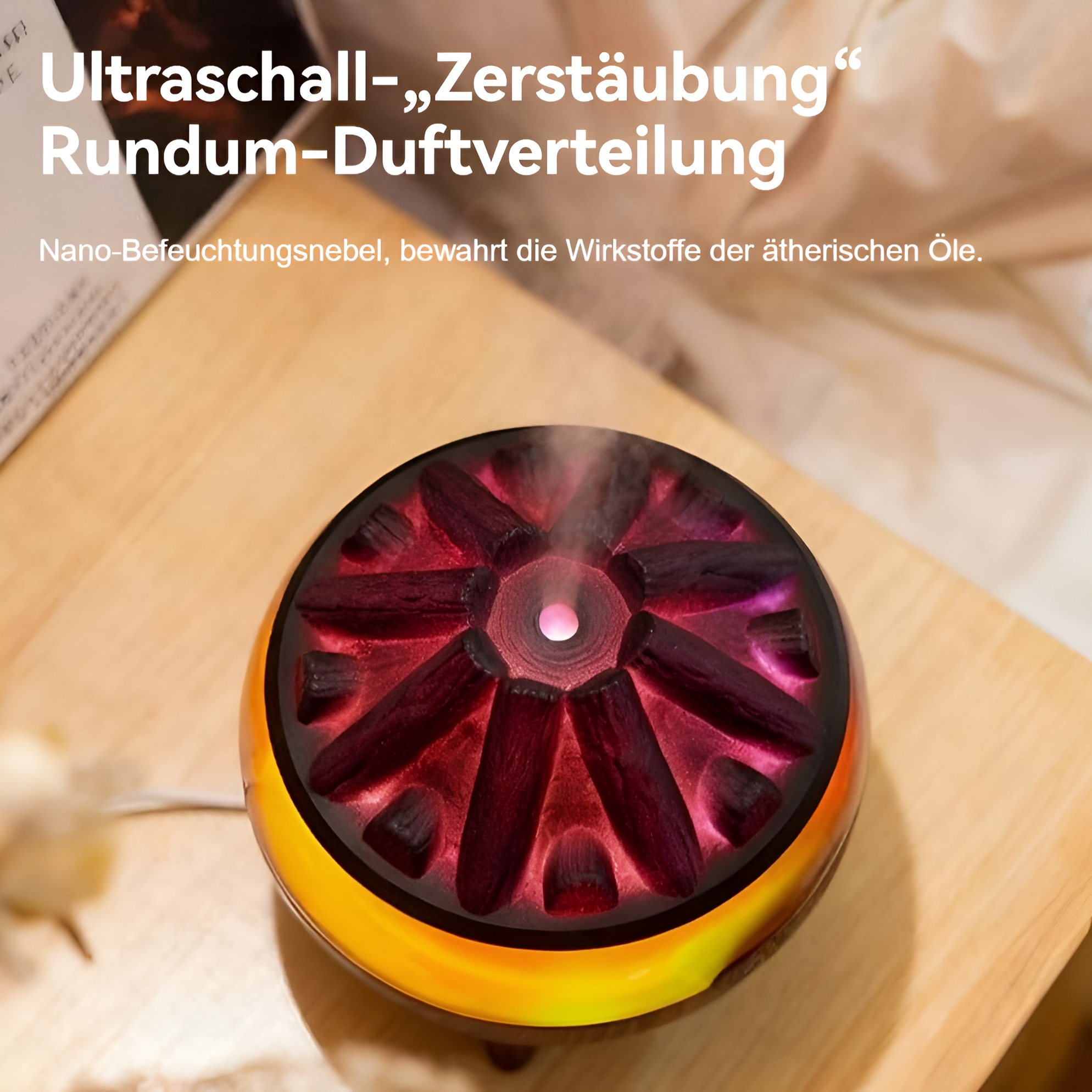 Ein Diffusor mit rotem Kern und gelbem Rand gibt Nebel ab.