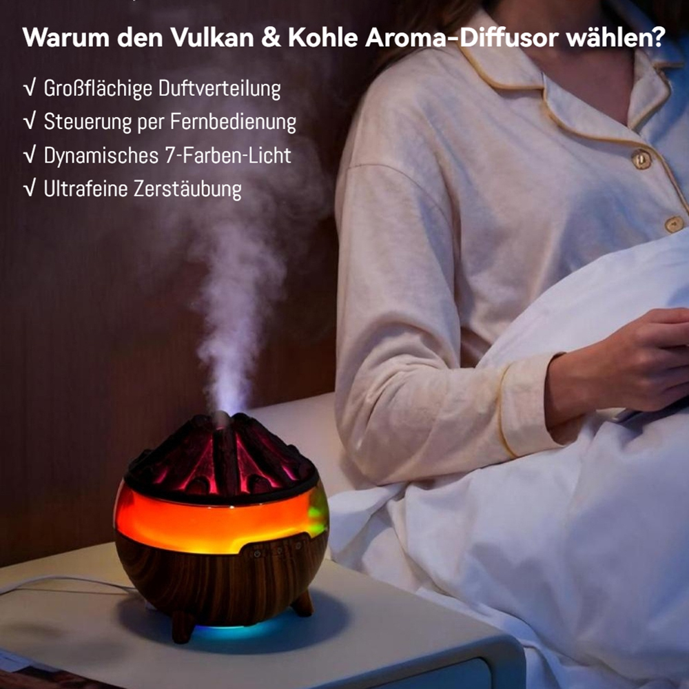 Ein Vulkan-Diffusor mit bunten Lichtern und Dampf neben einem Bett.