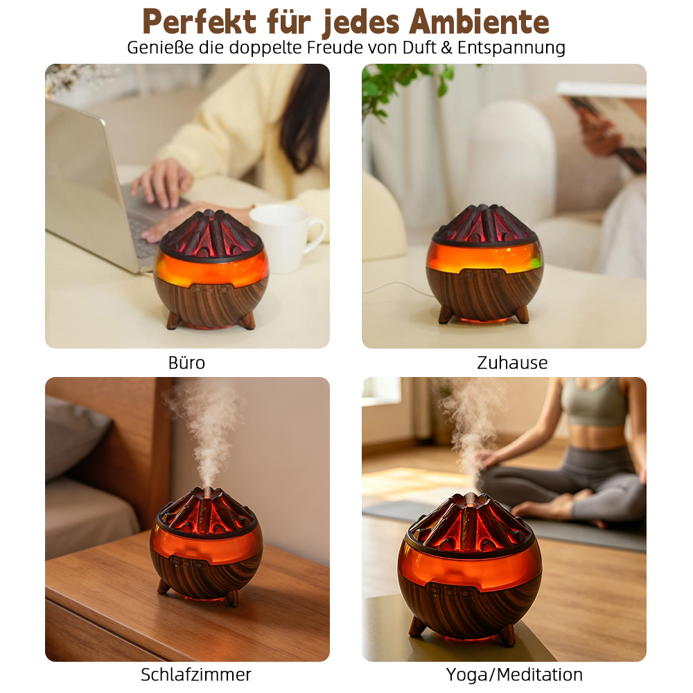 Ein Vulkan-Diffusor in vier Szenarien: Büro, Zuhause, Schlafzimmer, Yoga/Meditation.
