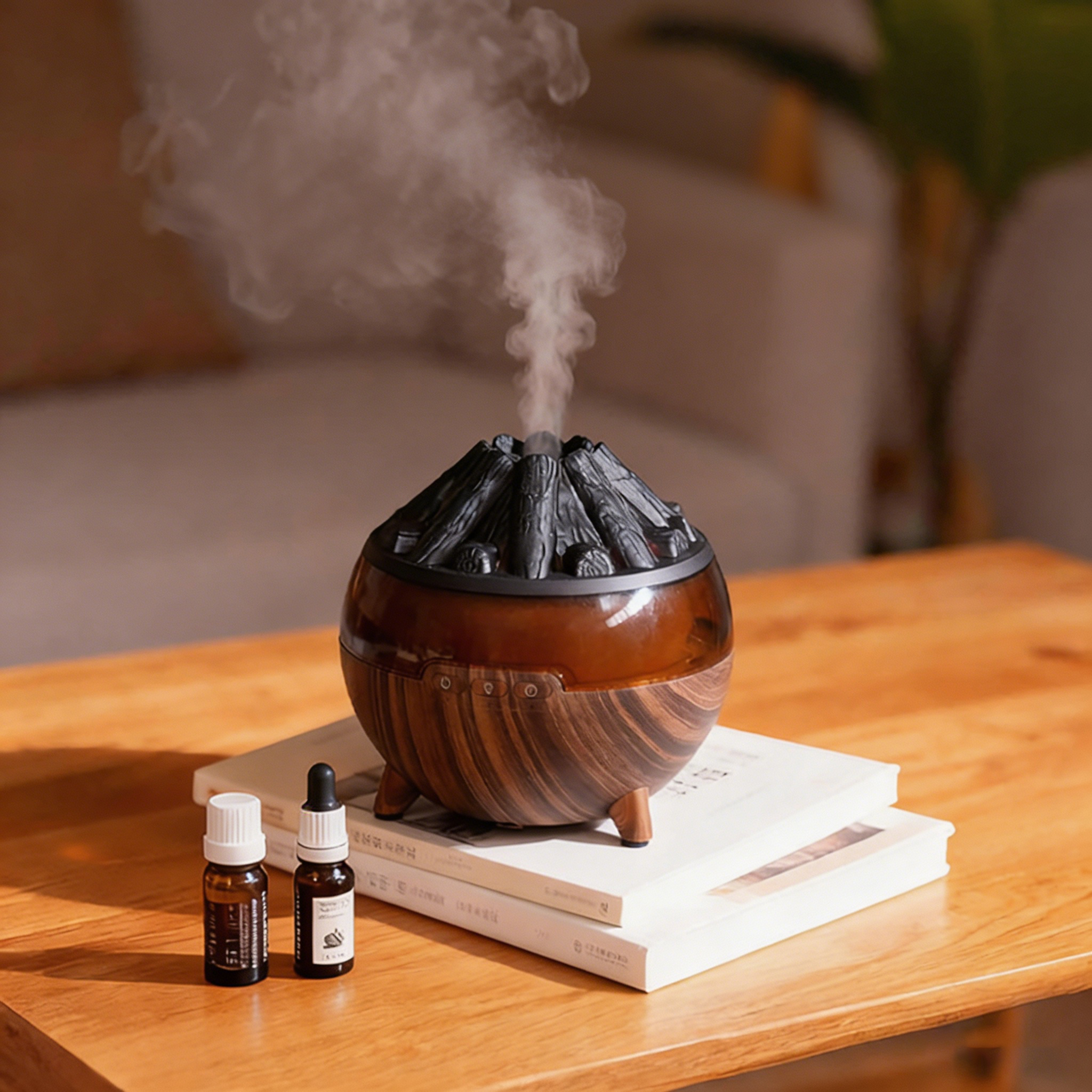 Ein Diffusor mit Vulkan-Design gibt Rauch ab, daneben stehen zwei Fläschchen.