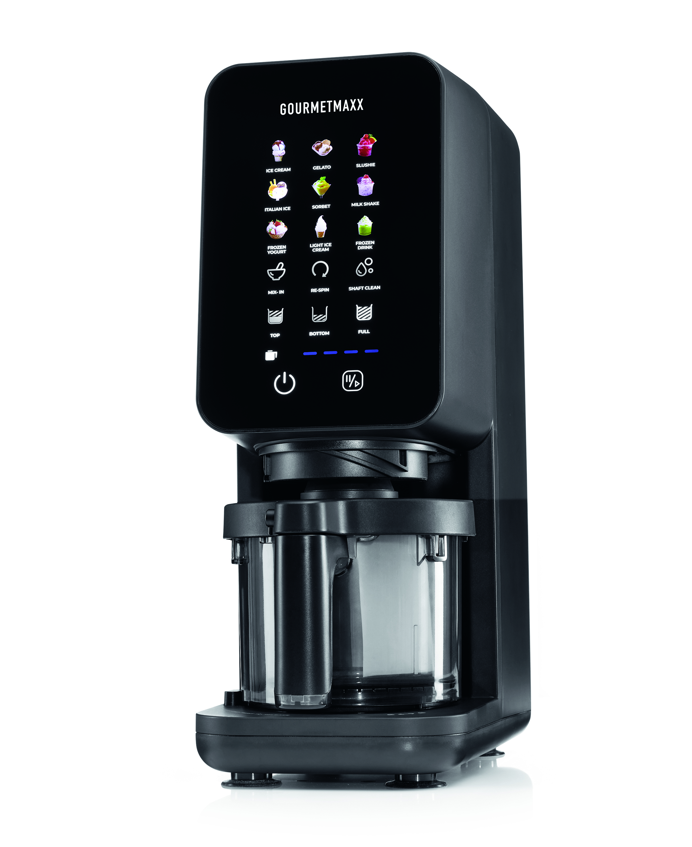 Schwarzer Eismaschine von Gourmetmaxx mit Touchscreen-Display und Rezeptoptionen.
