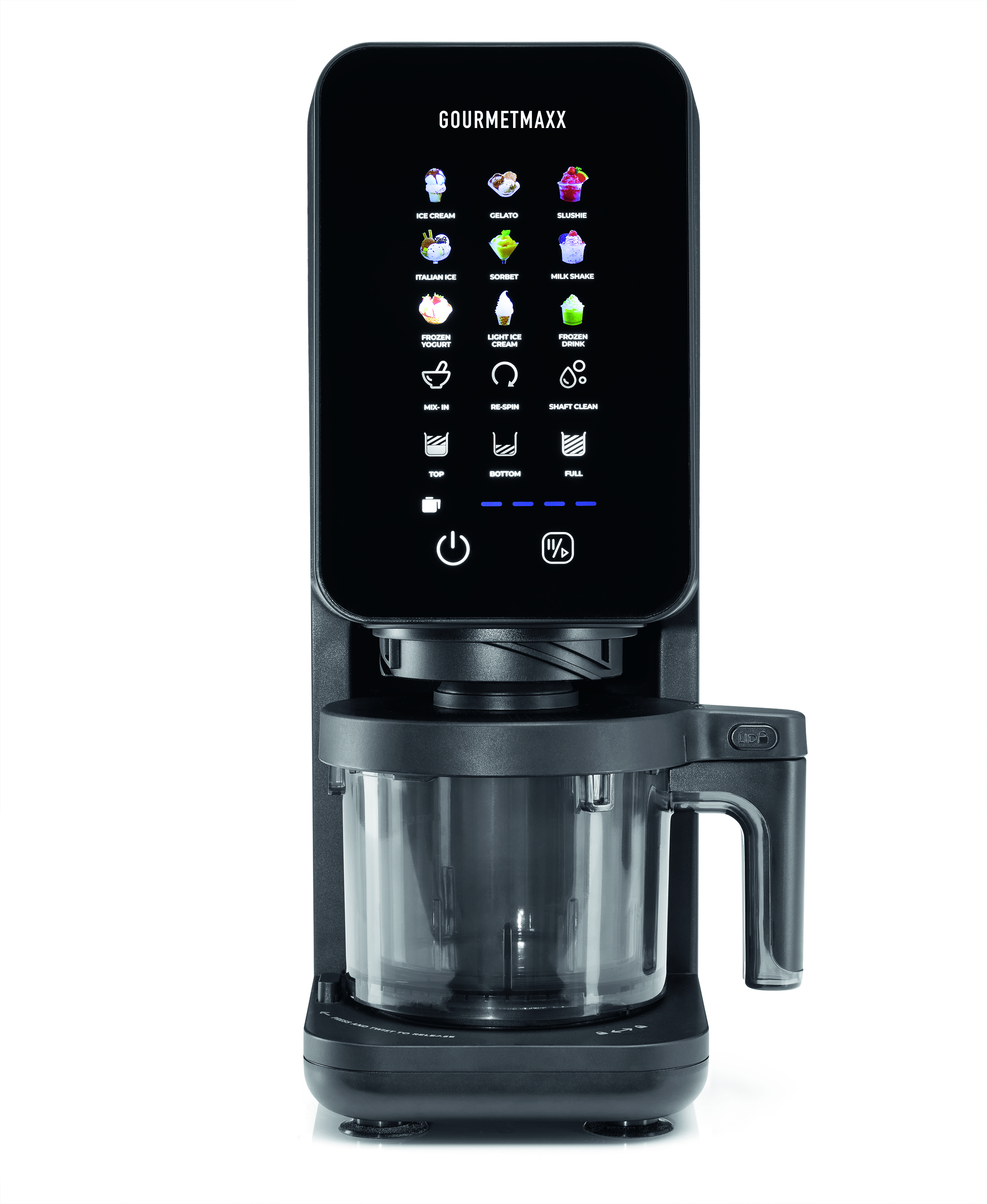 Schwarze Eismaschine mit Touchscreen-Display, das verschiedene Dessertoptionen anzeigt.
