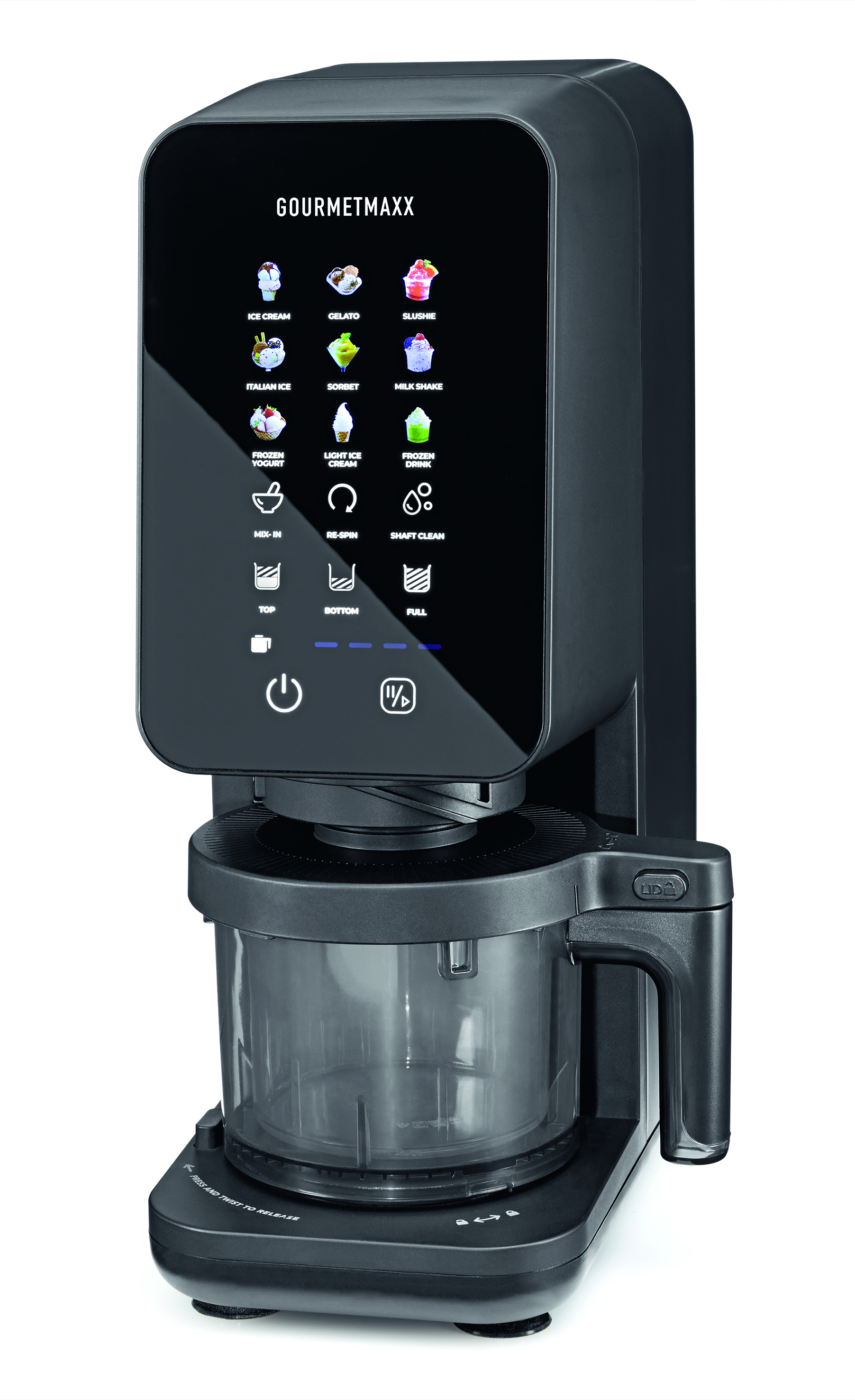 Schwarzer Gourmetmaxx Eismaschine mit Touchscreen-Menü und transparentem Behälter.