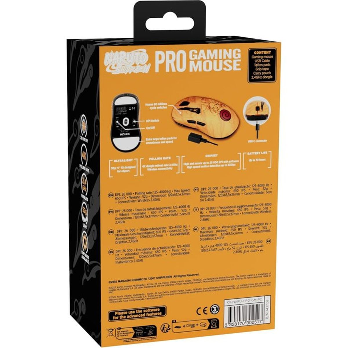 Verpackung einer Naruto "Pro Gaming Mouse" mit detaillierten Spezifikationen und Bildern.