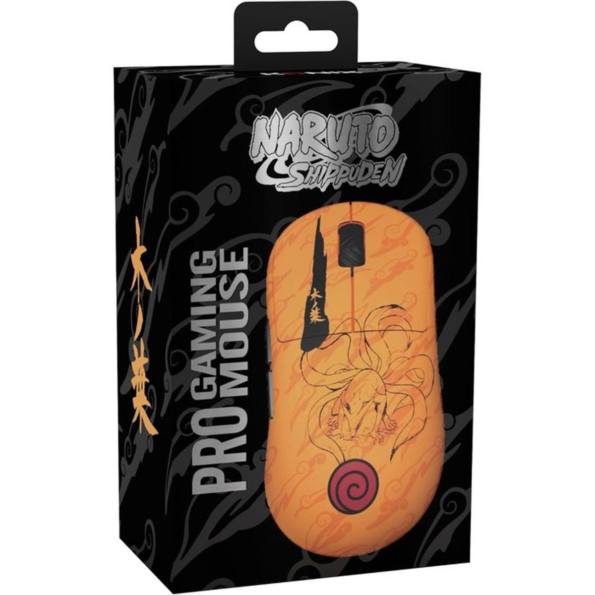 Eine orangefarbene Gaming-Maus mit Naruto-Motiv auf schwarzer Verpackung.