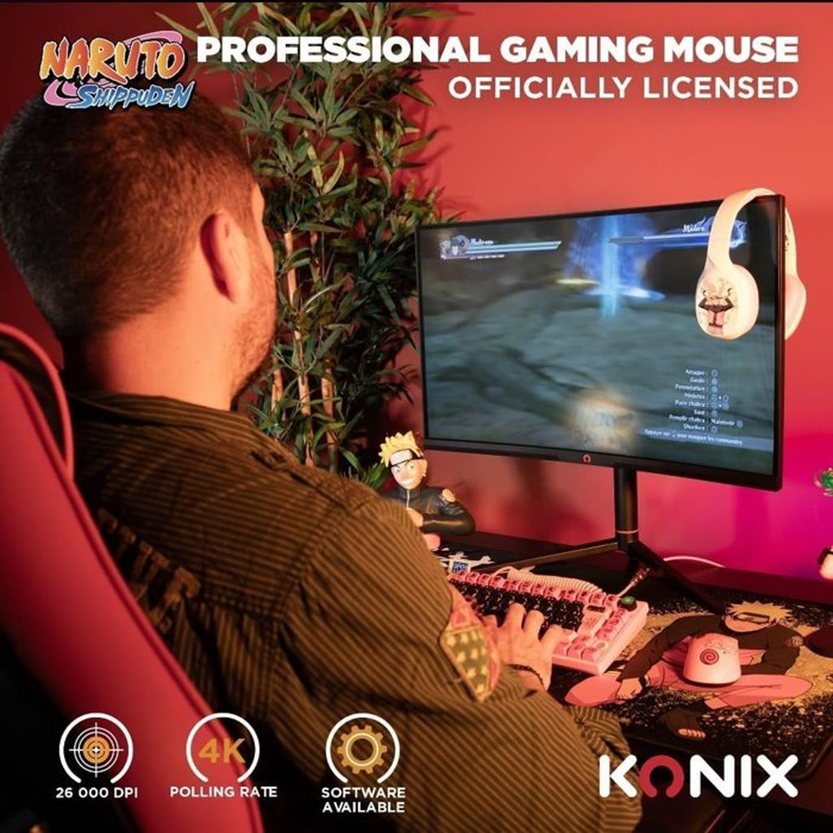 Mann spielt Videospiel mit Naruto-Gaming-Maus, Tastatur und Kopfhörern.