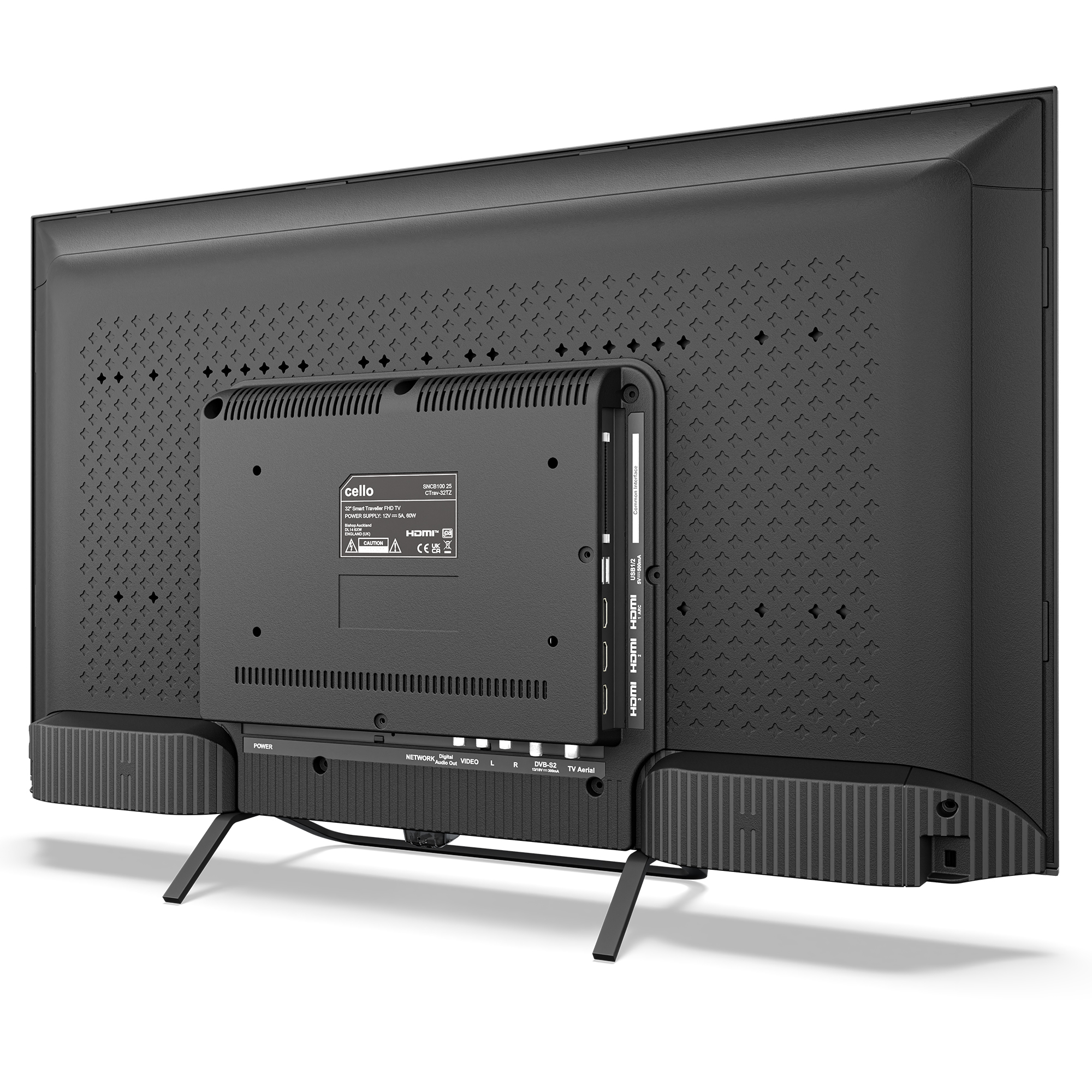 Parte trasera de un televisor negro con puertos y rejillas de ventilación.