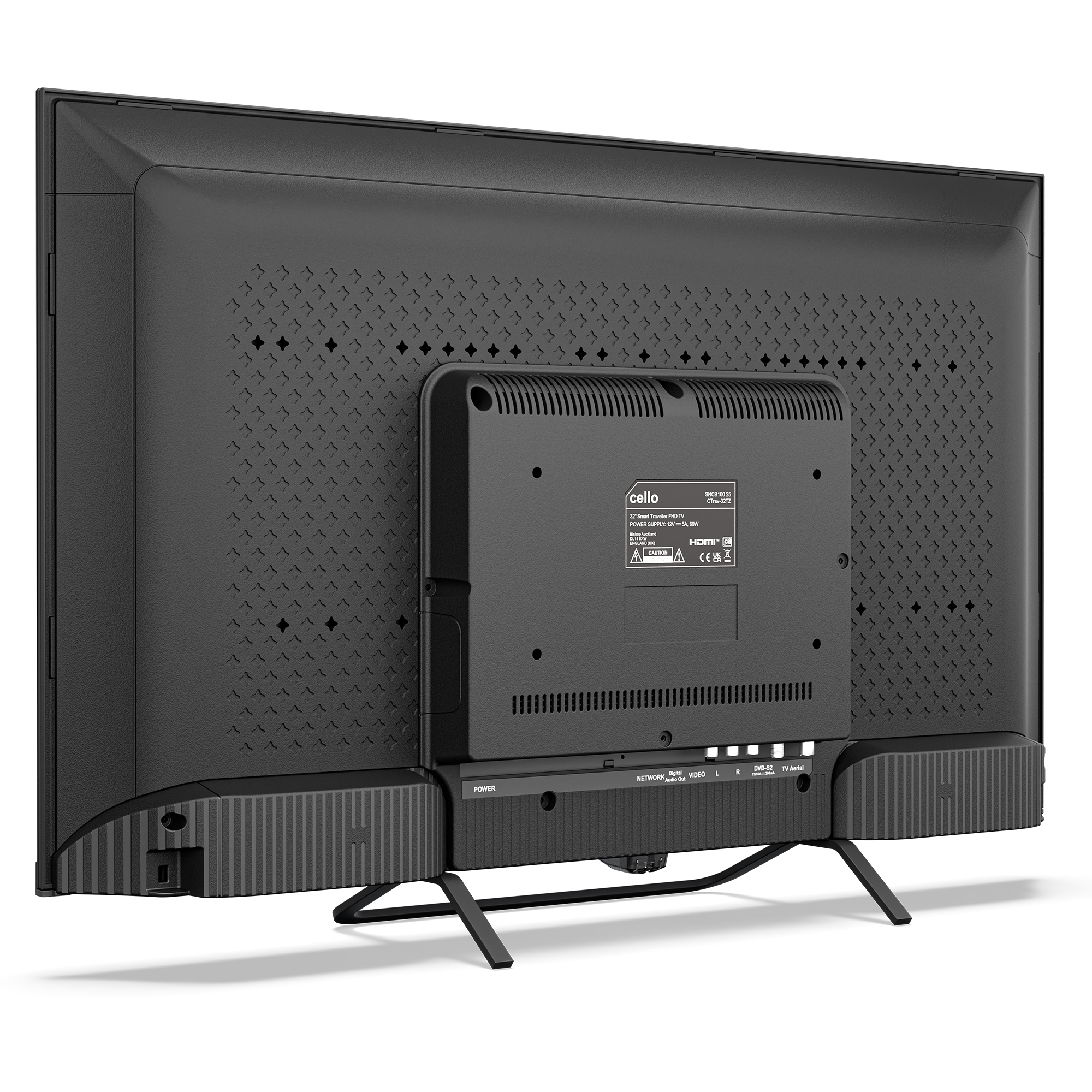Reverso de un televisor negro con ranuras de ventilación y puertos.