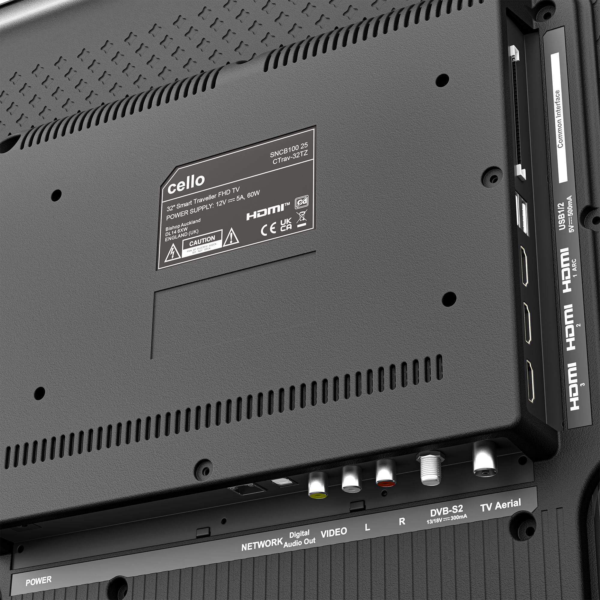 Parte trasera de un televisor mostrando puertos: HDMI, USB, Alimentación, Red, Antena.