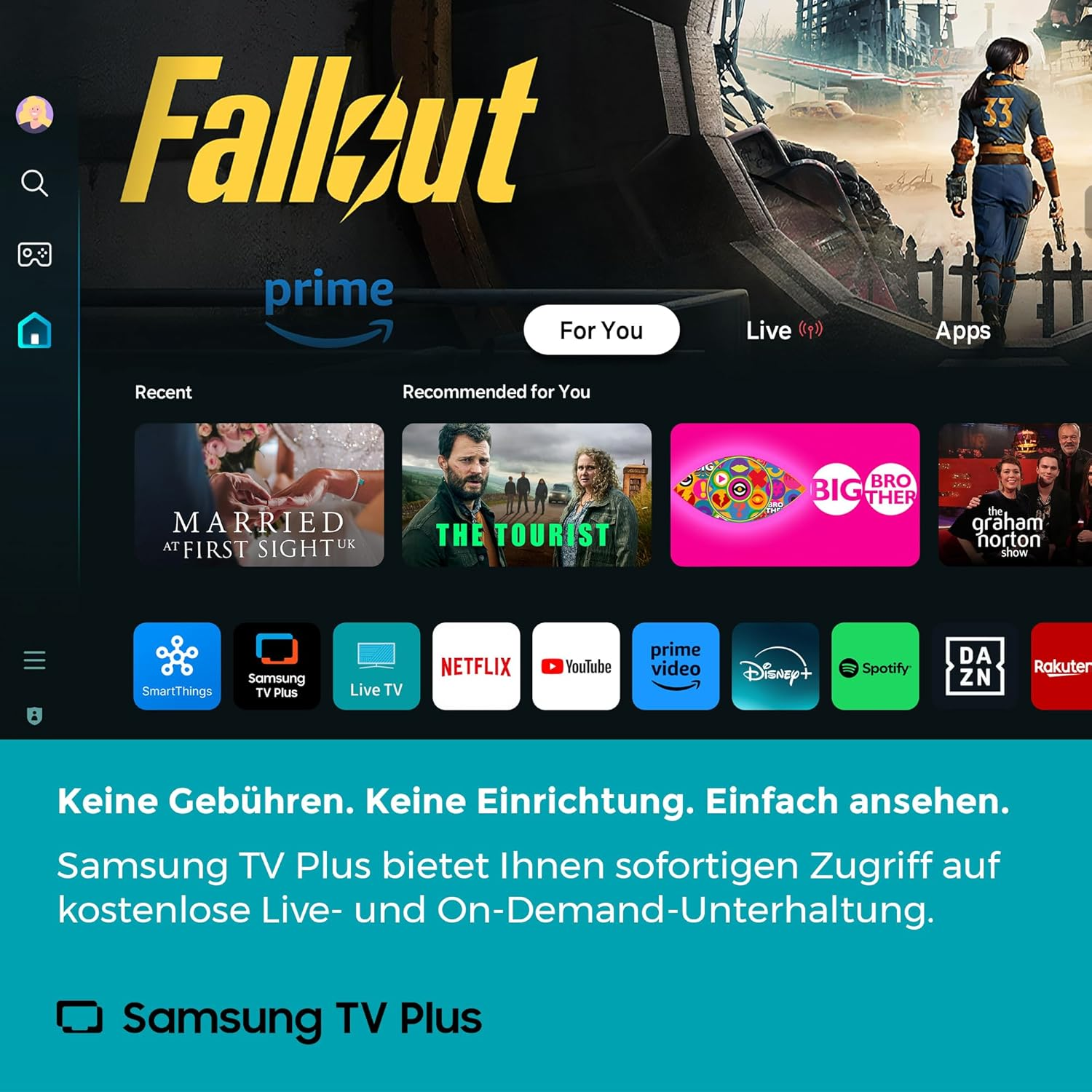 TV-Startbildschirm mit Fallout-Logo, Prime Video und App-Icons wie Netflix, YouTube, Disney+.