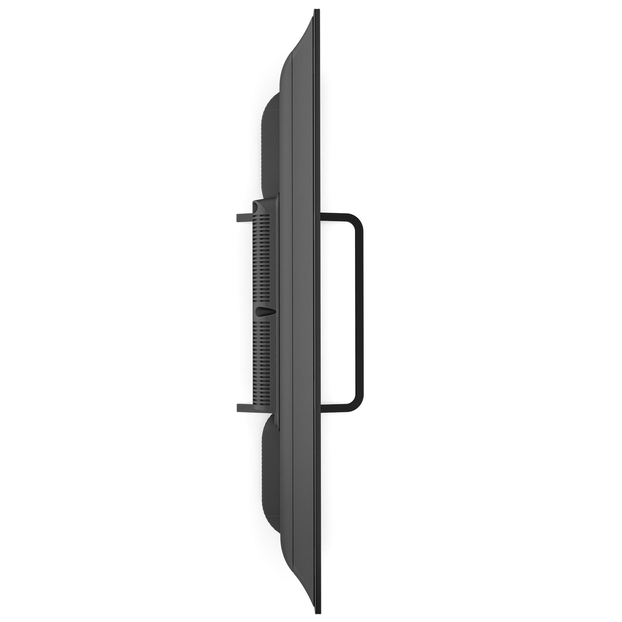 Televisor negro con soporte visto de lado, sobre fondo blanco.