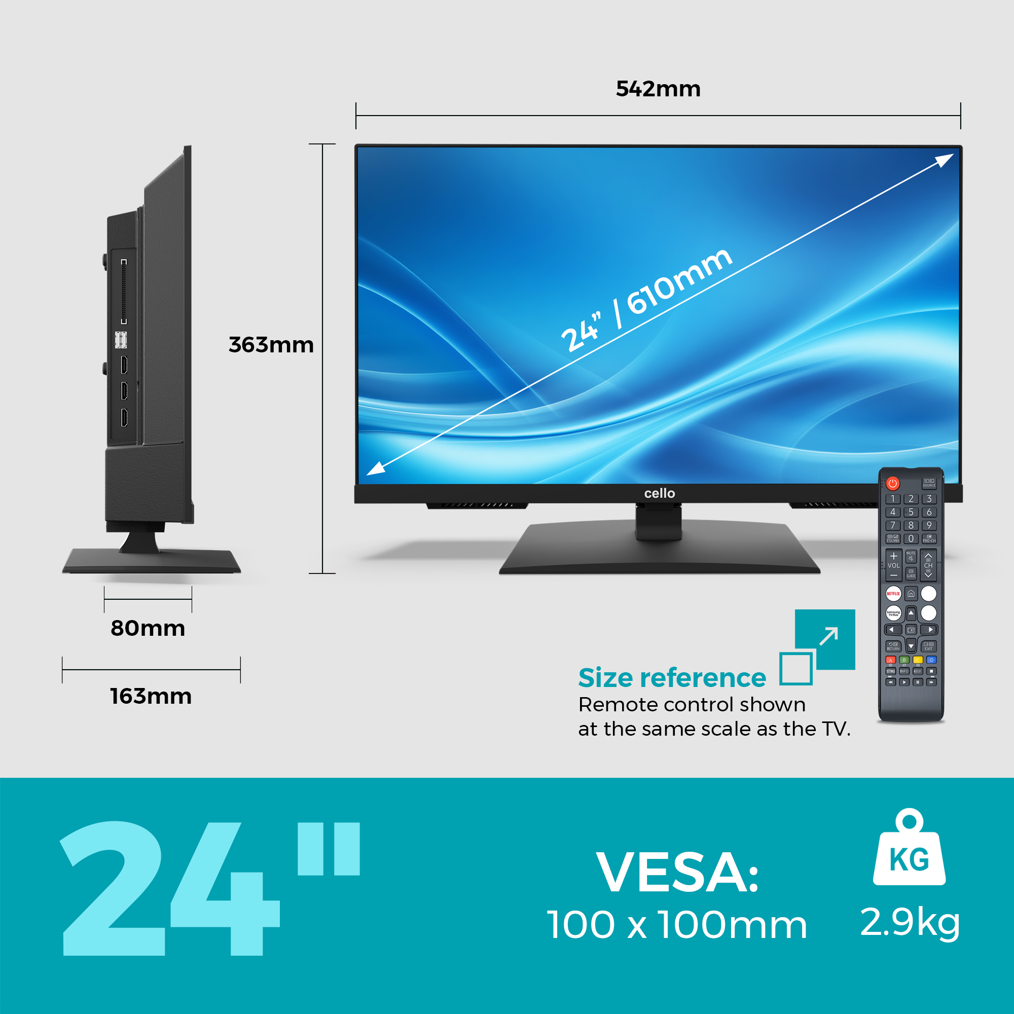 Ein 24-Zoll-Fernseher mit Fernbedienung, Maßen und VESA-Angaben.