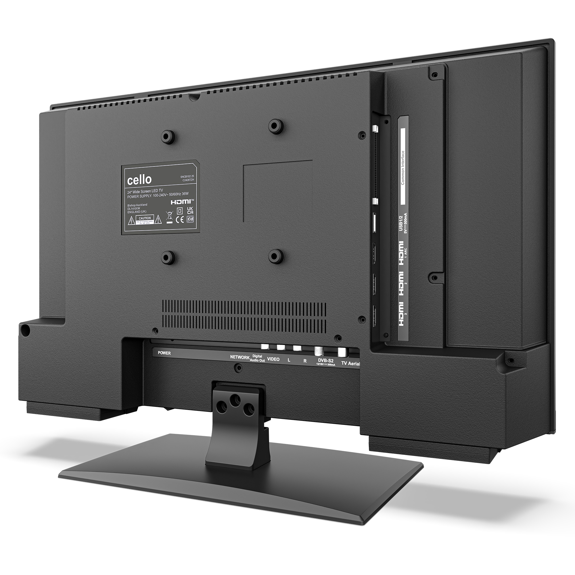 Rückseite eines schwarzen 24-Zoll Cello LED-Fernsehers mit Anschlüssen: HDMI, USB, Strom, Netzwerk, Video, Antenne.