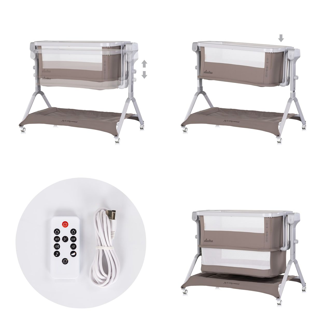 Beige Babywiege mit Fernbedienung und Ladekabel, höhenverstellbar.