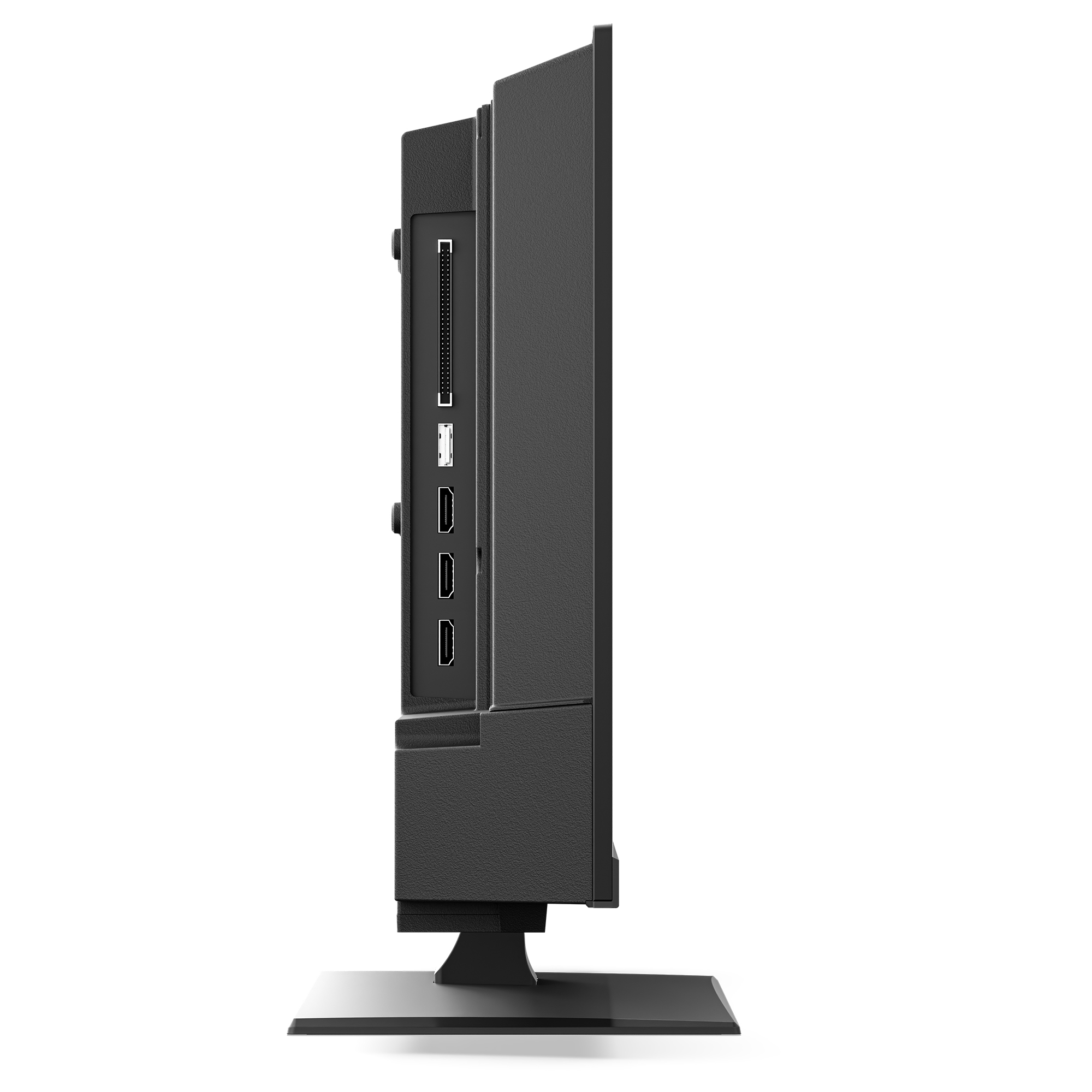 Rückseite eines schwarzen Fernsehers mit Anschlüssen wie HDMI und USB.