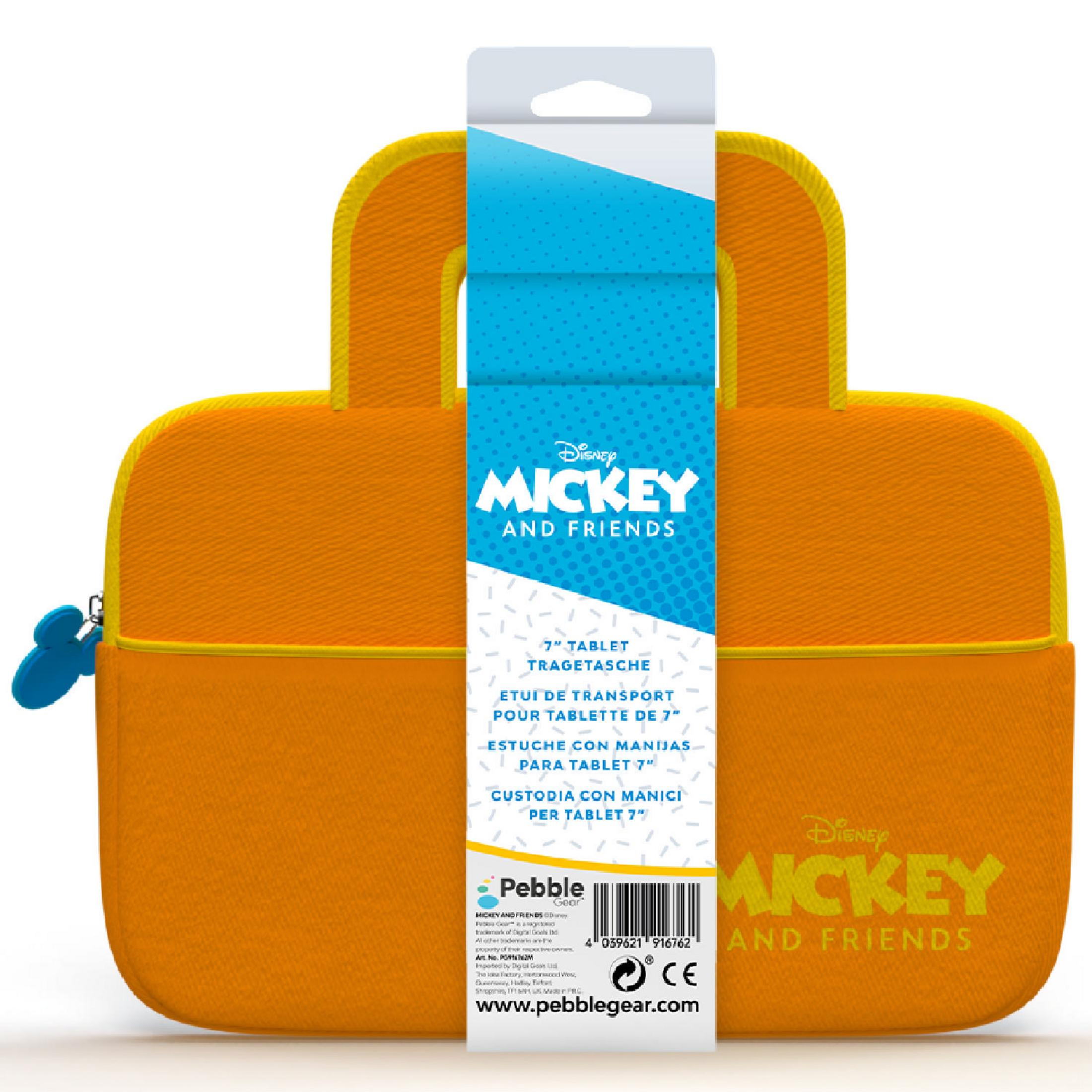 Orangefarbene Mickey und Freunde Tablet-Tasche mit Griff und Reißverschluss-Anhänger.