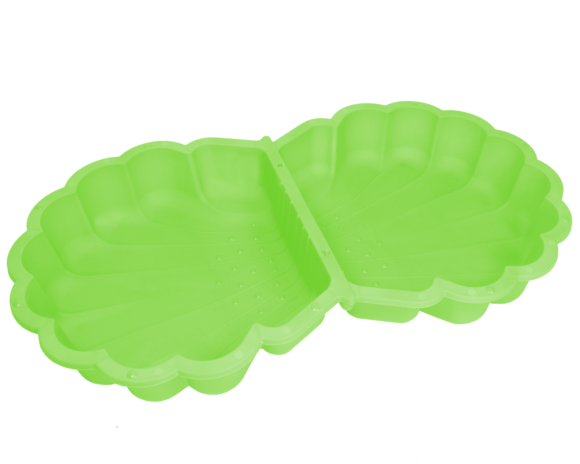 Ein hellgrüner Plastik-Sandkasten in Muschelform mit zwei Kammern.