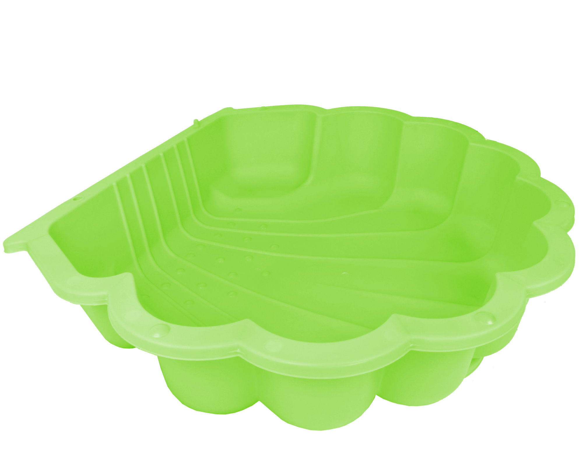 Grüne Muschel-Sandkastenform mit geripptem Boden und Wellenrand.