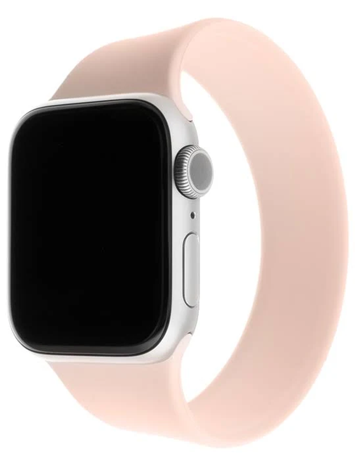 Un reloj inteligente rosa con carcasa plateada y pantalla negra.