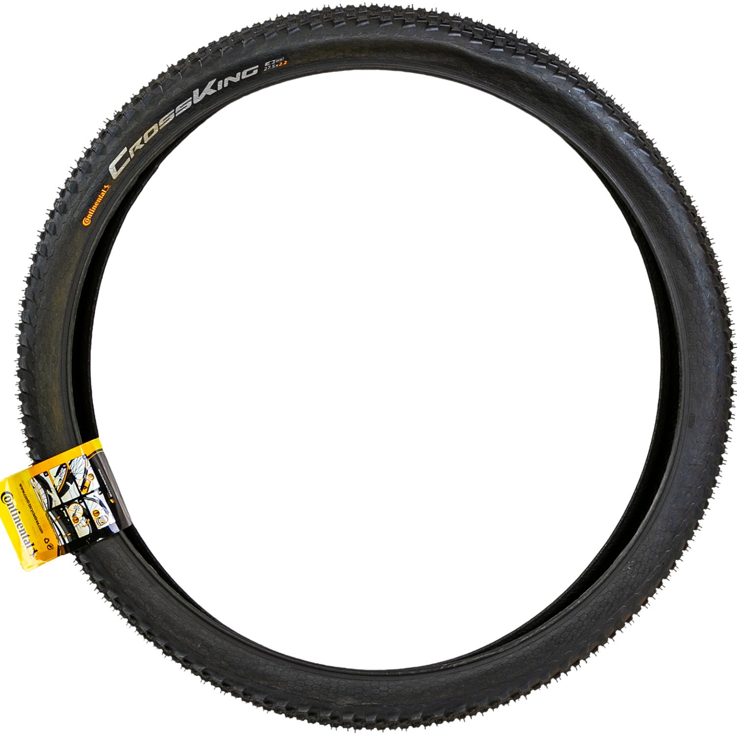 Ein schwarzer Fahrradreifen mit Continental Cross King-Aufschrift und gelbem Etikett.
