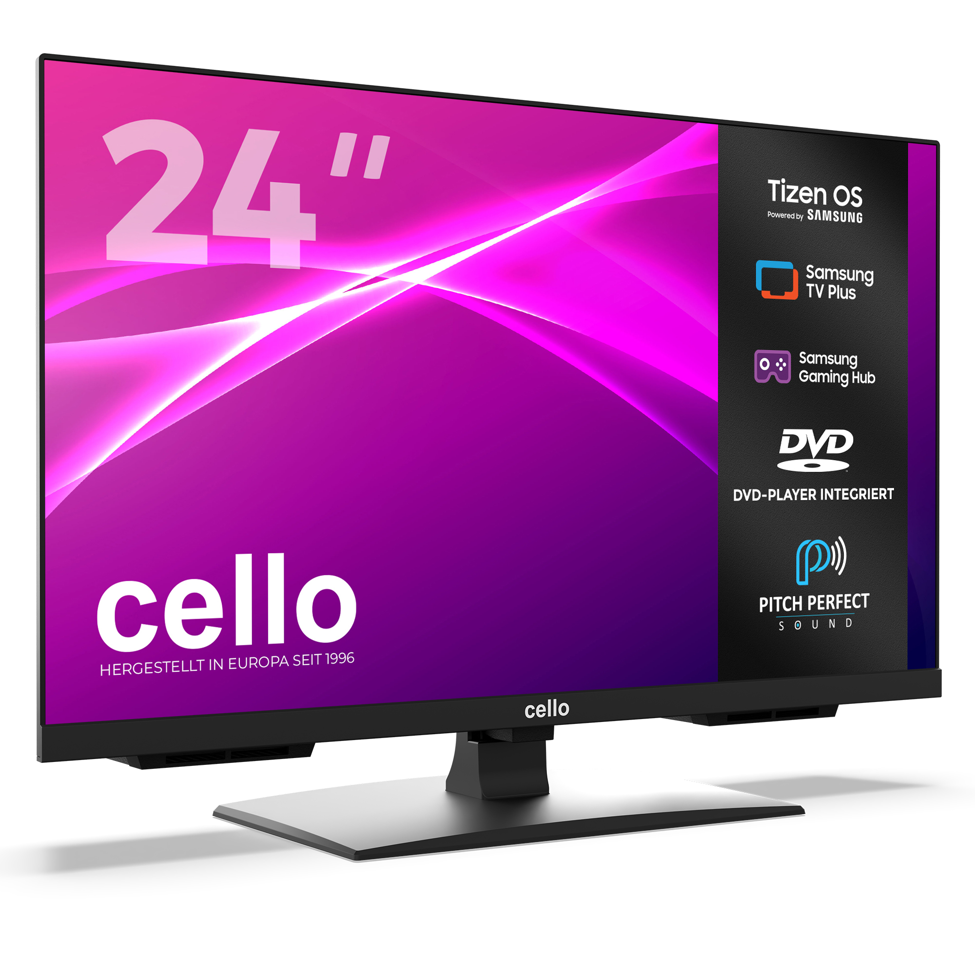 Ein 24-Zoll-Cello-Fernseher mit Tizen OS, Samsung TV Plus und DVD-Player.