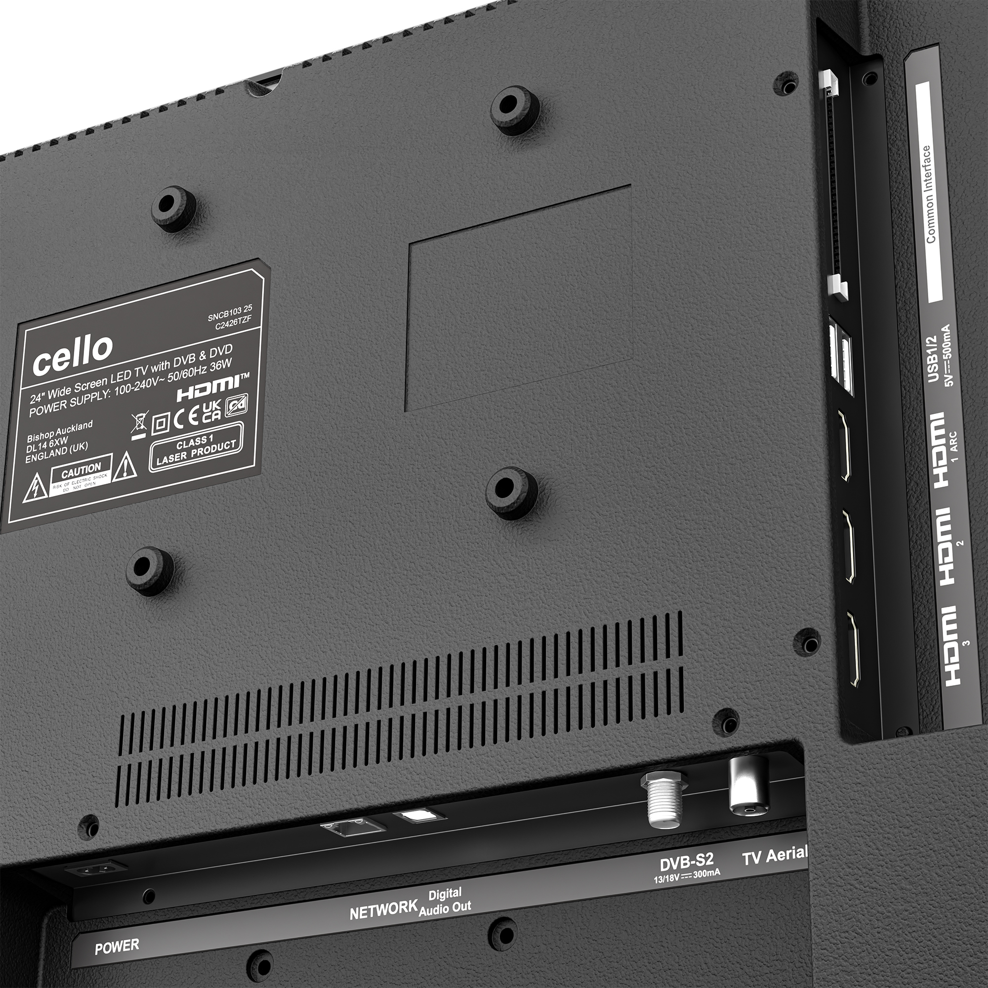 Rückseite eines Fernsehers mit Anschlüssen wie HDMI, USB und Antenne.