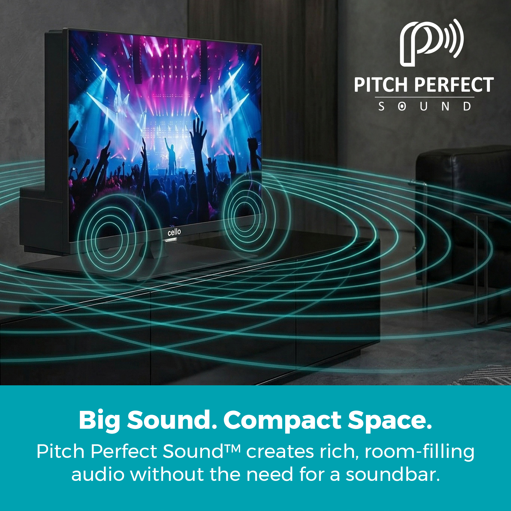 Ein Fernseher mit einem Konzertbild und Schallwellensymbolen. Big Sound. Compact Space.