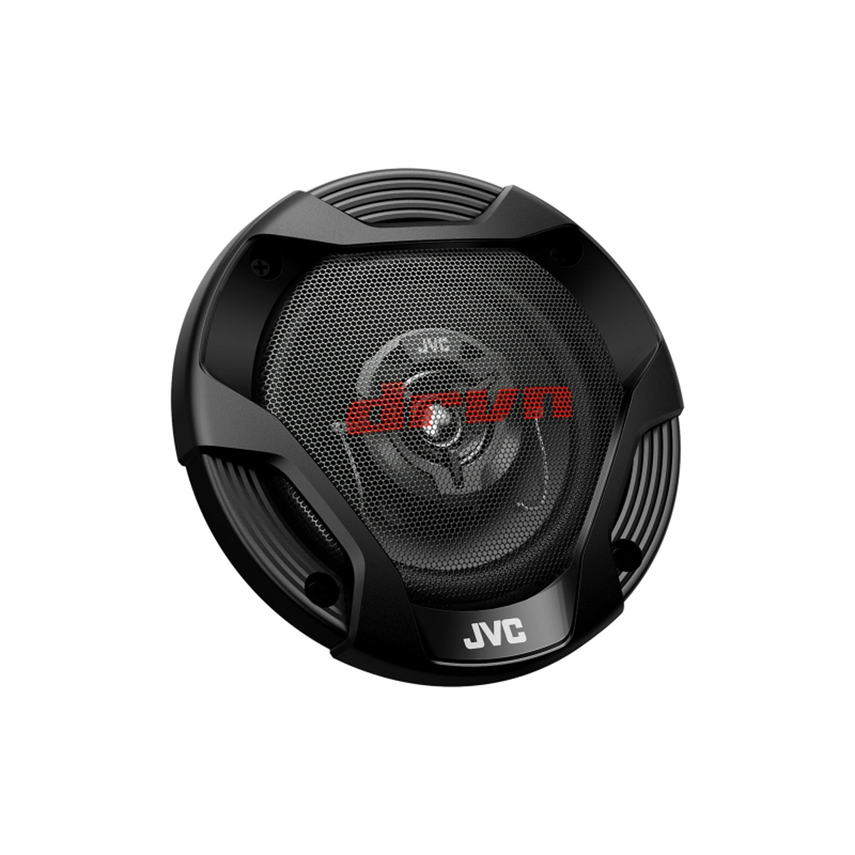Schwarzer JVC-Lautsprecher mit Gitter und rotem Logo.