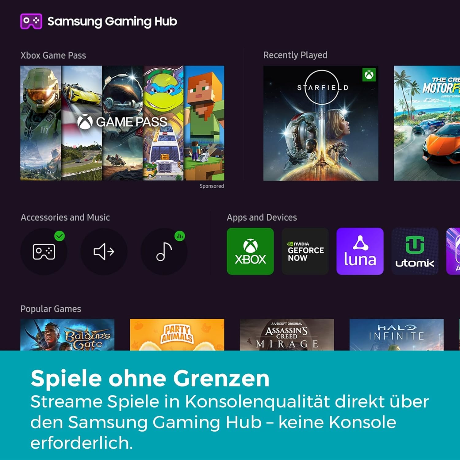 Samsung Gaming Hub mit Xbox Game Pass, kürzlich gespielten Spielen und Apps.