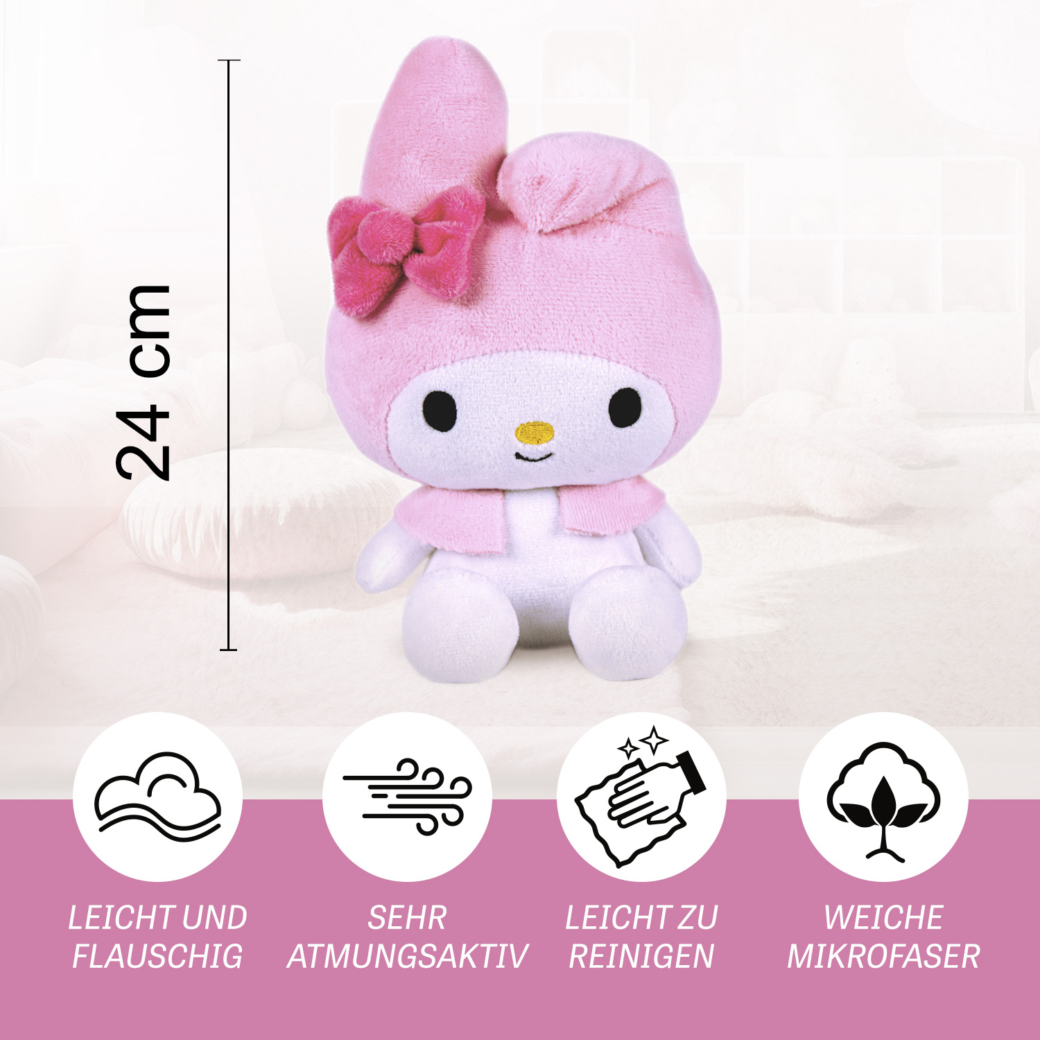 Ein rosafarbener My Melody Plüsch, 24cm groß, mit Schleife und Info-Symbolen.