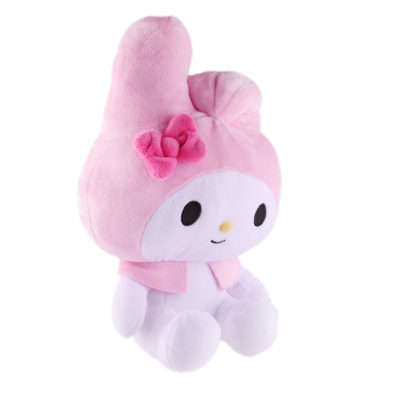 Eine rosa Plüschfigur mit Kapuze und Schleife sitzt.