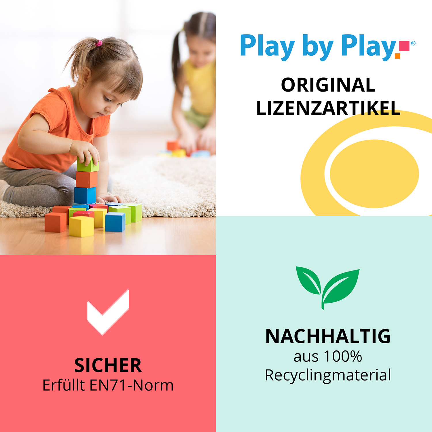 Zwei Mädchen spielen mit bunten Bausteinen. "Play by Play" Logo oben rechts.