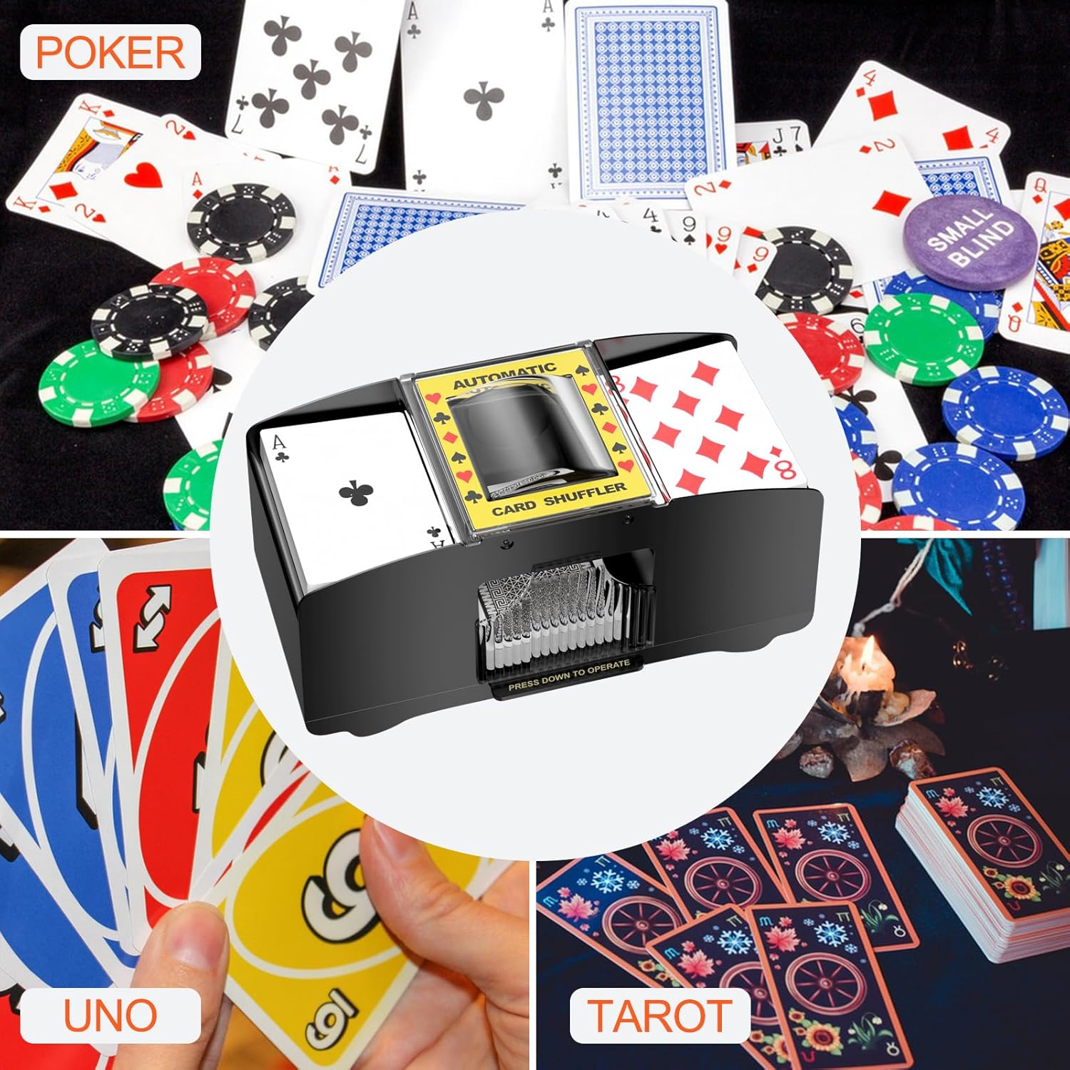 Vier Spielszenen: Poker mit Karten und Chips, Kartenmischer, Uno-Karten, Tarotkarten.