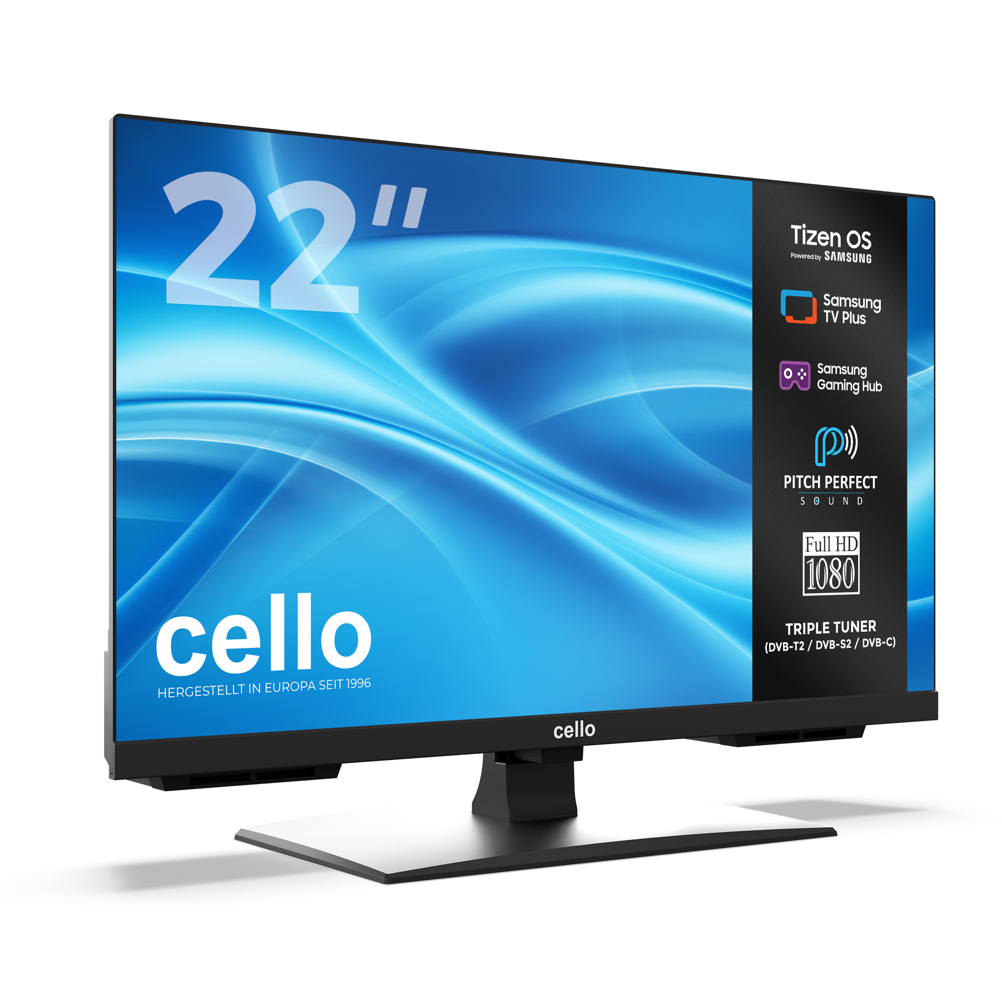 Ein 22-Zoll-Cello-Fernseher mit Tizen OS, Samsung TV Plus, Gaming Hub und Full HD 1080.