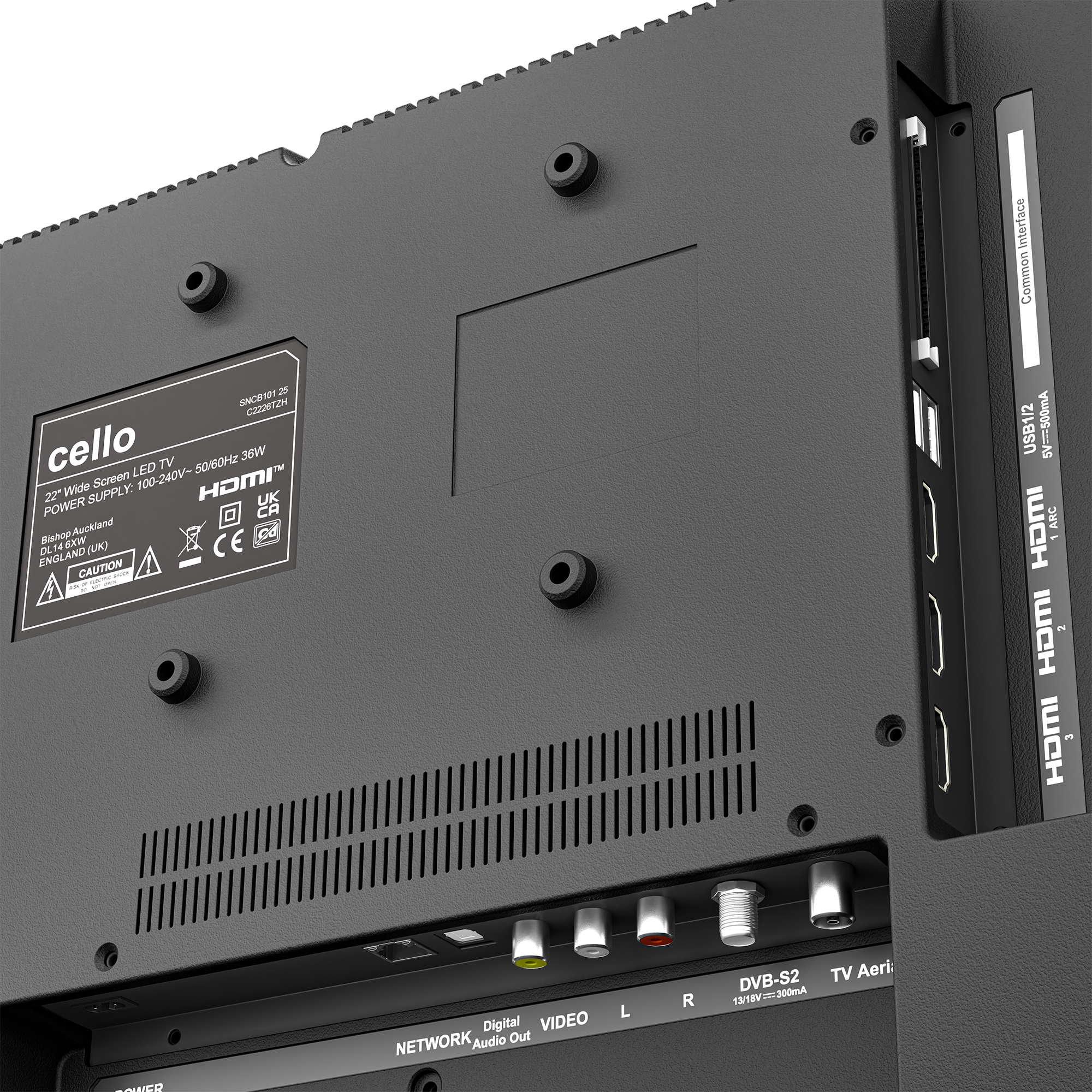 Rückseite eines Cello-Fernsehers mit Anschlüssen: HDMI, USB, Common Interface, Netzwerk, Video, DVB-S2.