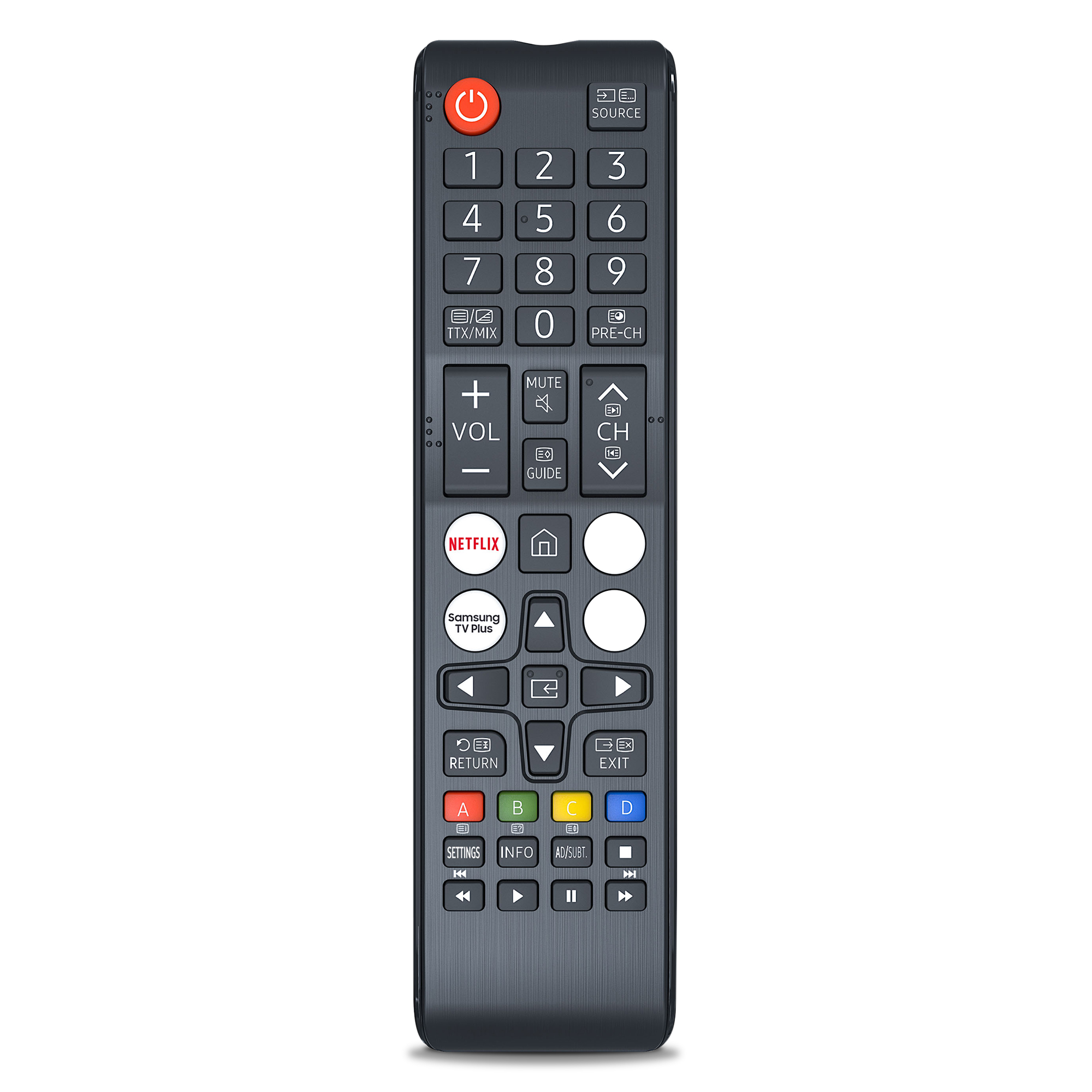 Eine schwarze Samsung TV-Fernbedienung mit nummerierten Tasten, Netflix und Guide-Tasten.