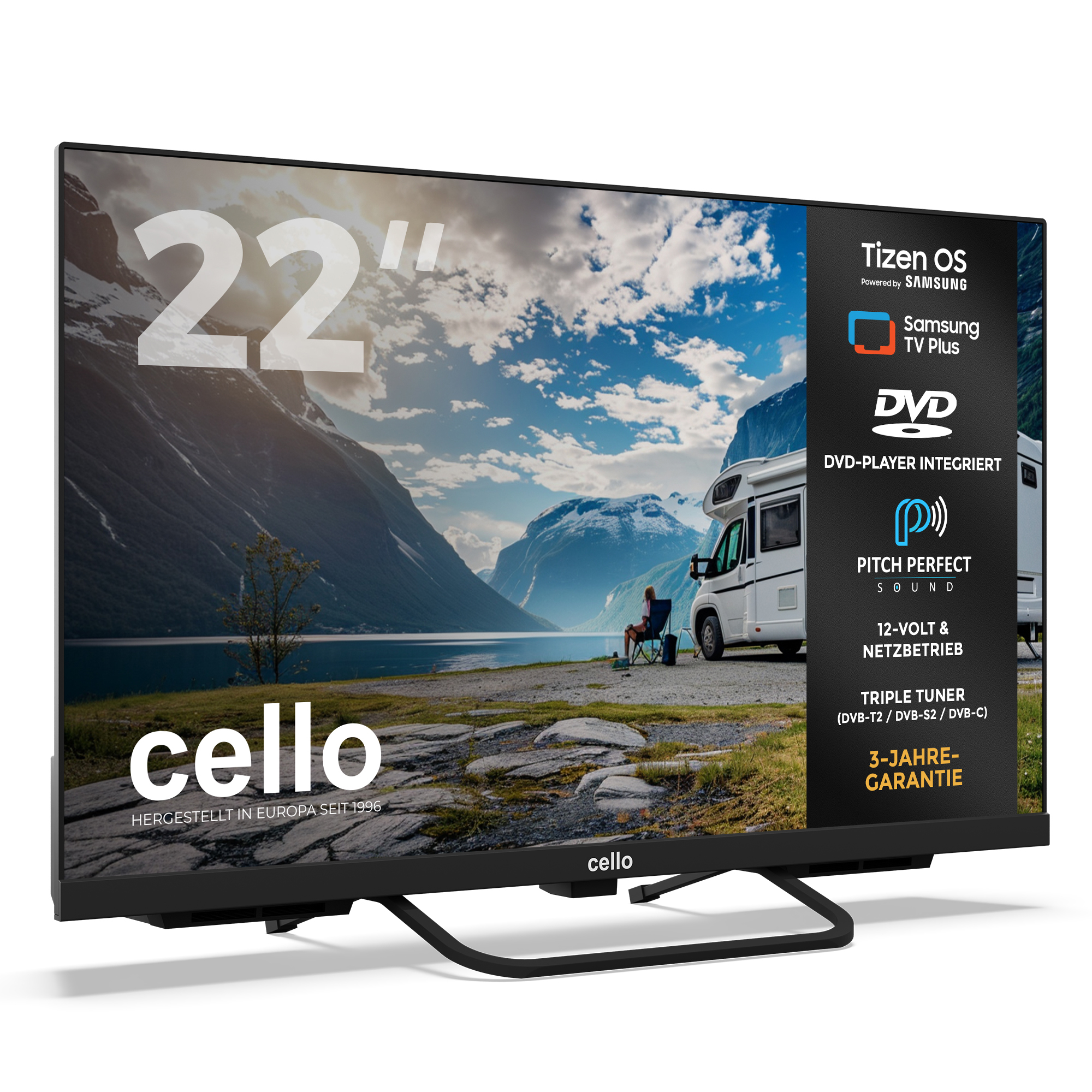 Ein 22-Zoll-Fernseher mit DVD-Player in einer Berglandschaft mit Wohnmobil.