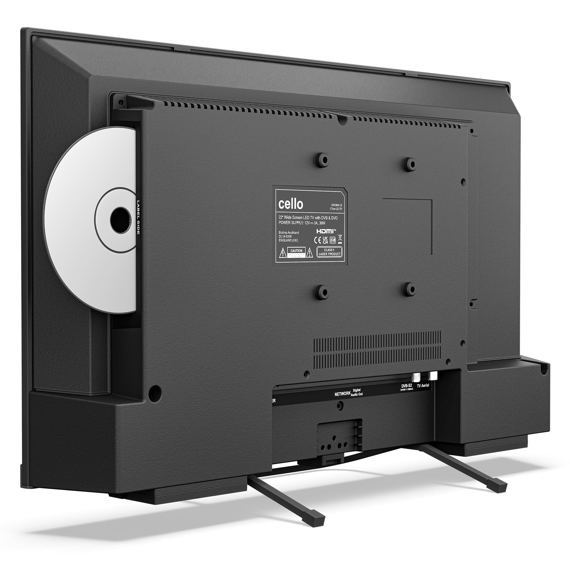 Rückseite eines schwarzen Fernsehers mit DVD-Schlitz und eingelegter DVD.