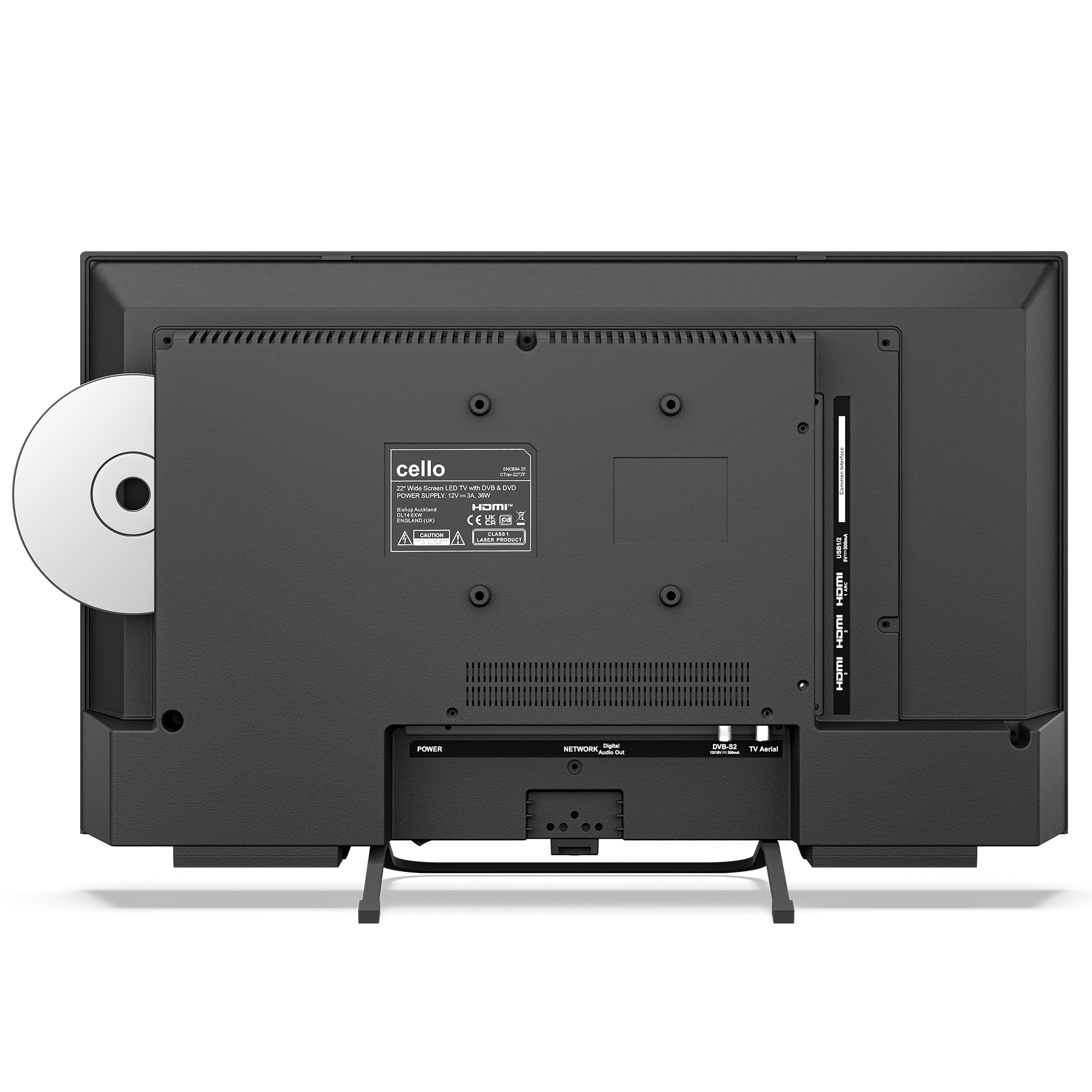 Rückseite eines schwarzen Fernsehers mit DVD-Schlitz und CD. Anschlüsse sichtbar.
