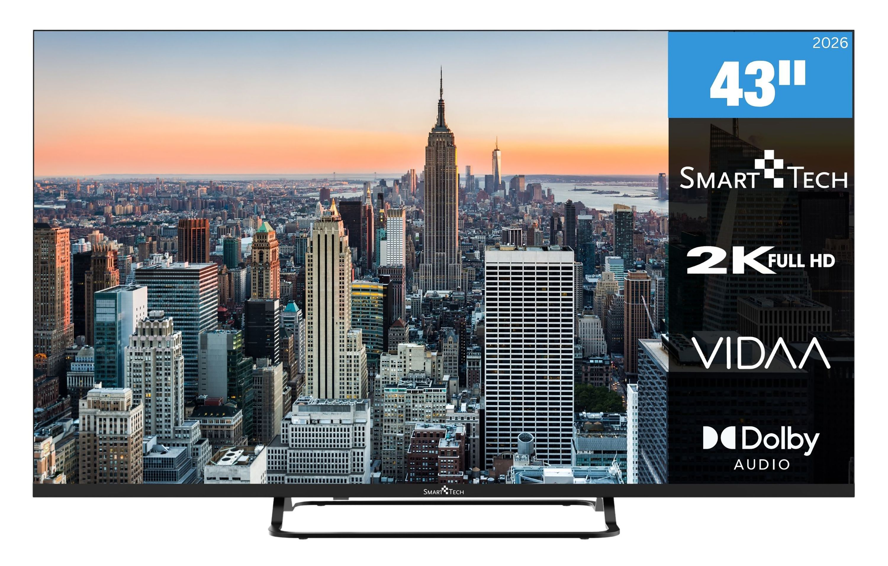Ein 43-Zoll-Smart-Tech-Fernseher mit 2K Full HD und Dolby Audio zeigt New York.