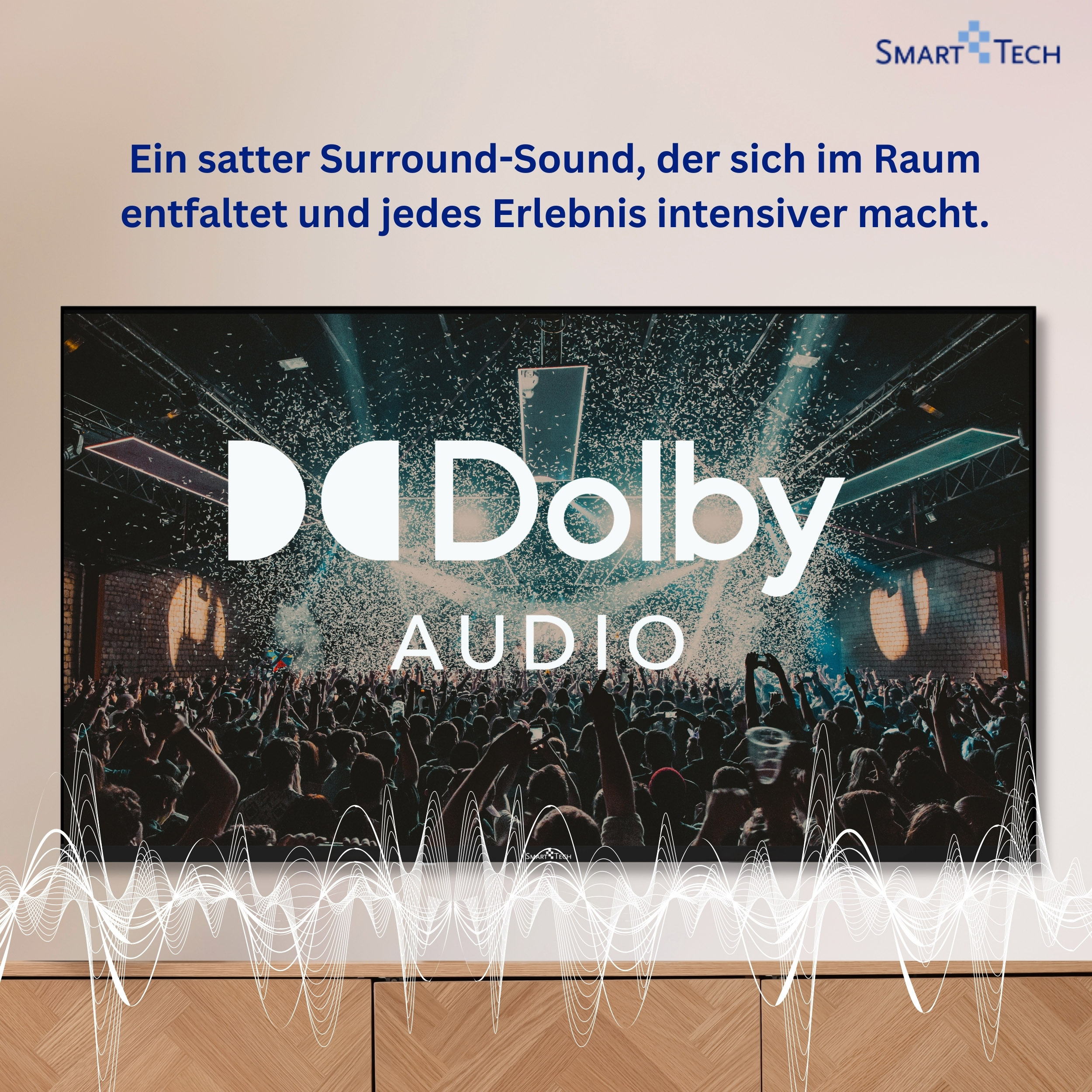 Dolby Audio Logo über einer jubelnden Menge bei einem Konzert mit Konfetti.
