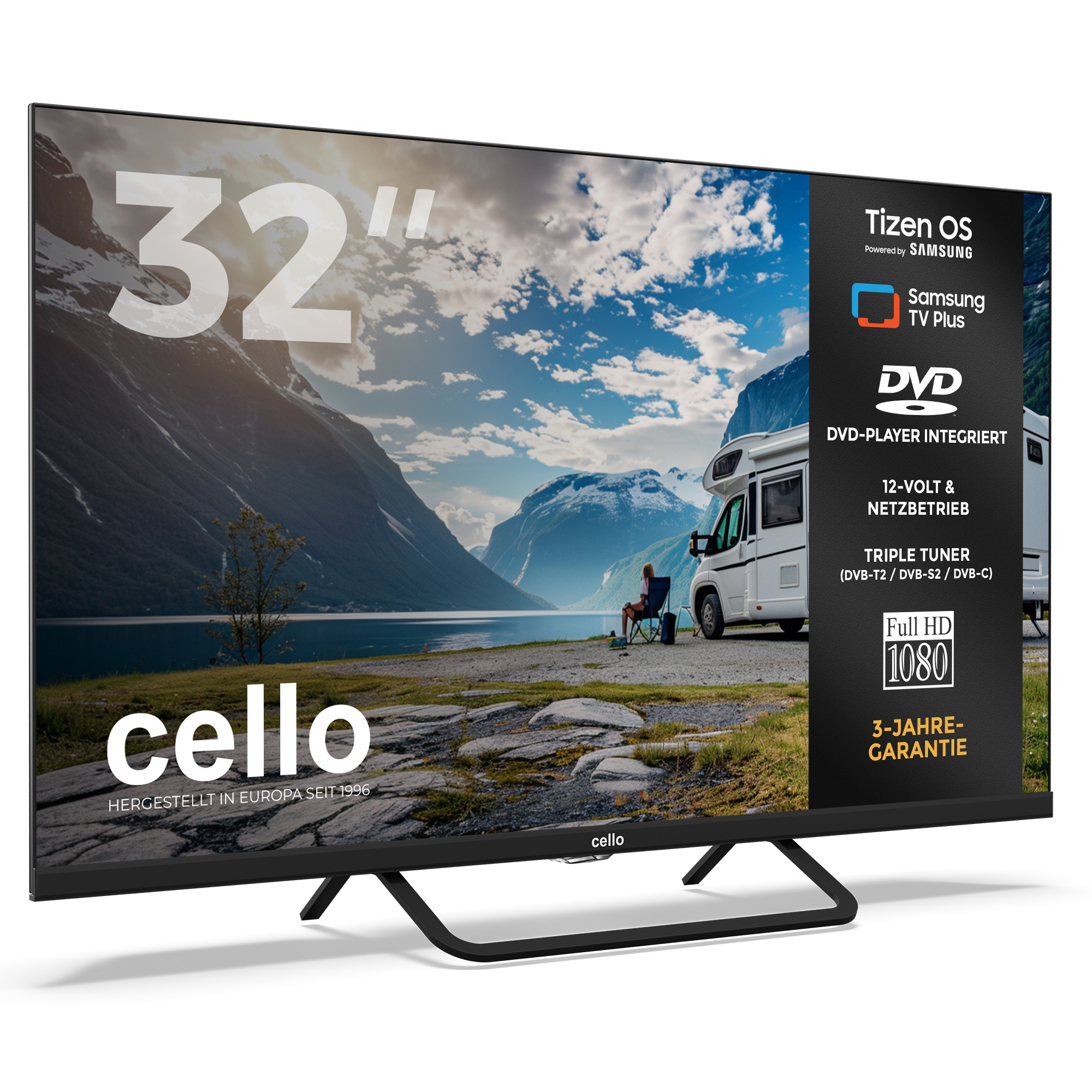 Un televisor de 32 pulgadas con escena de lago y montaña, autocaravana, Tizen OS, DVD.