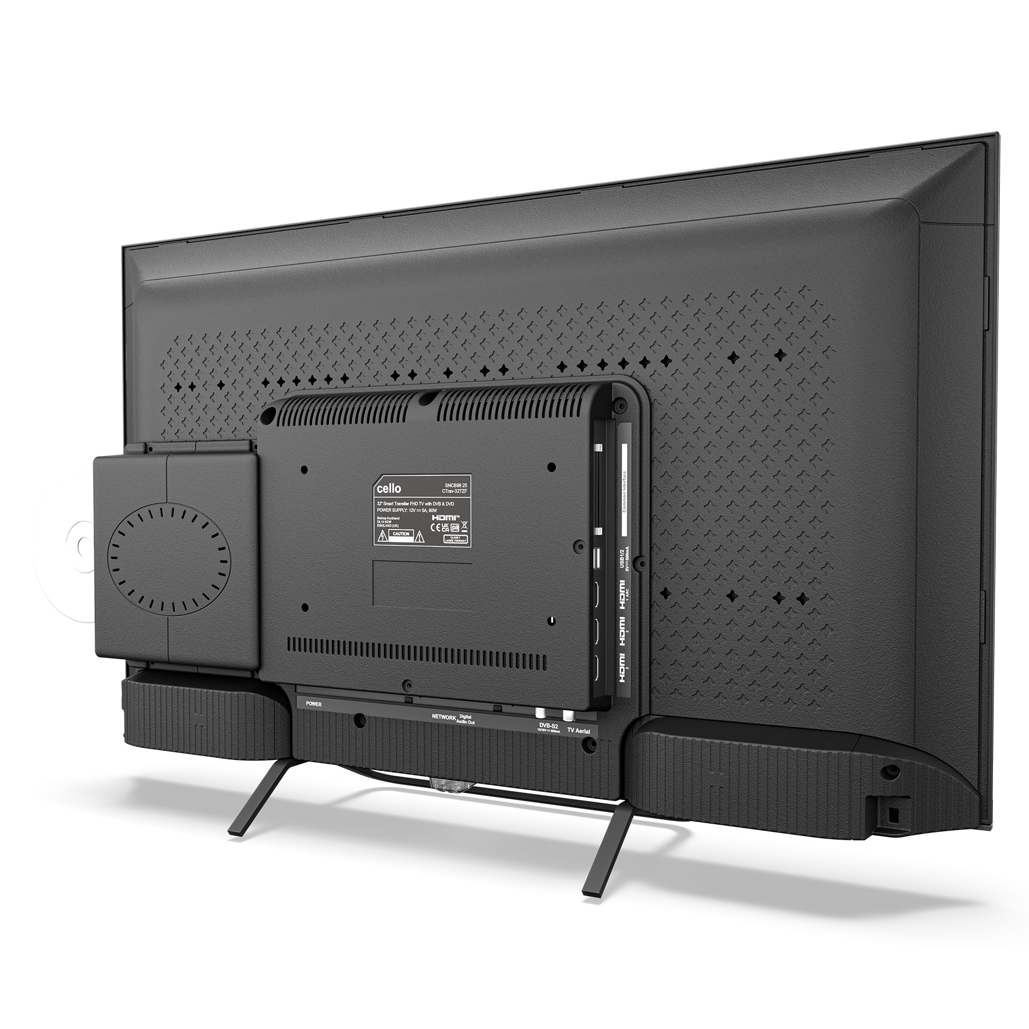 Vista trasera de un televisor negro con puertos y ranuras de ventilación.