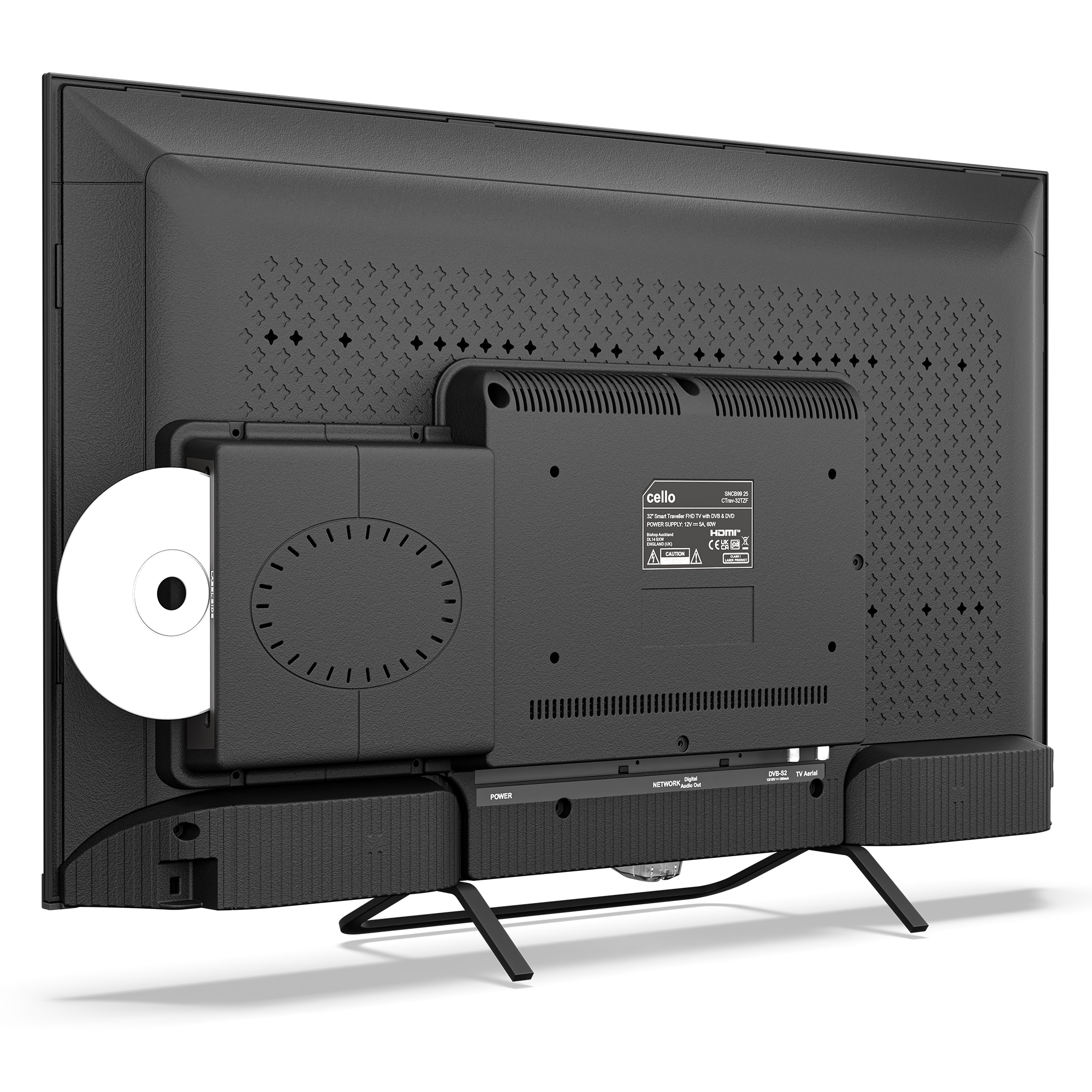 Parte trasera de un televisor negro con DVD insertado y ranuras de ventilación.