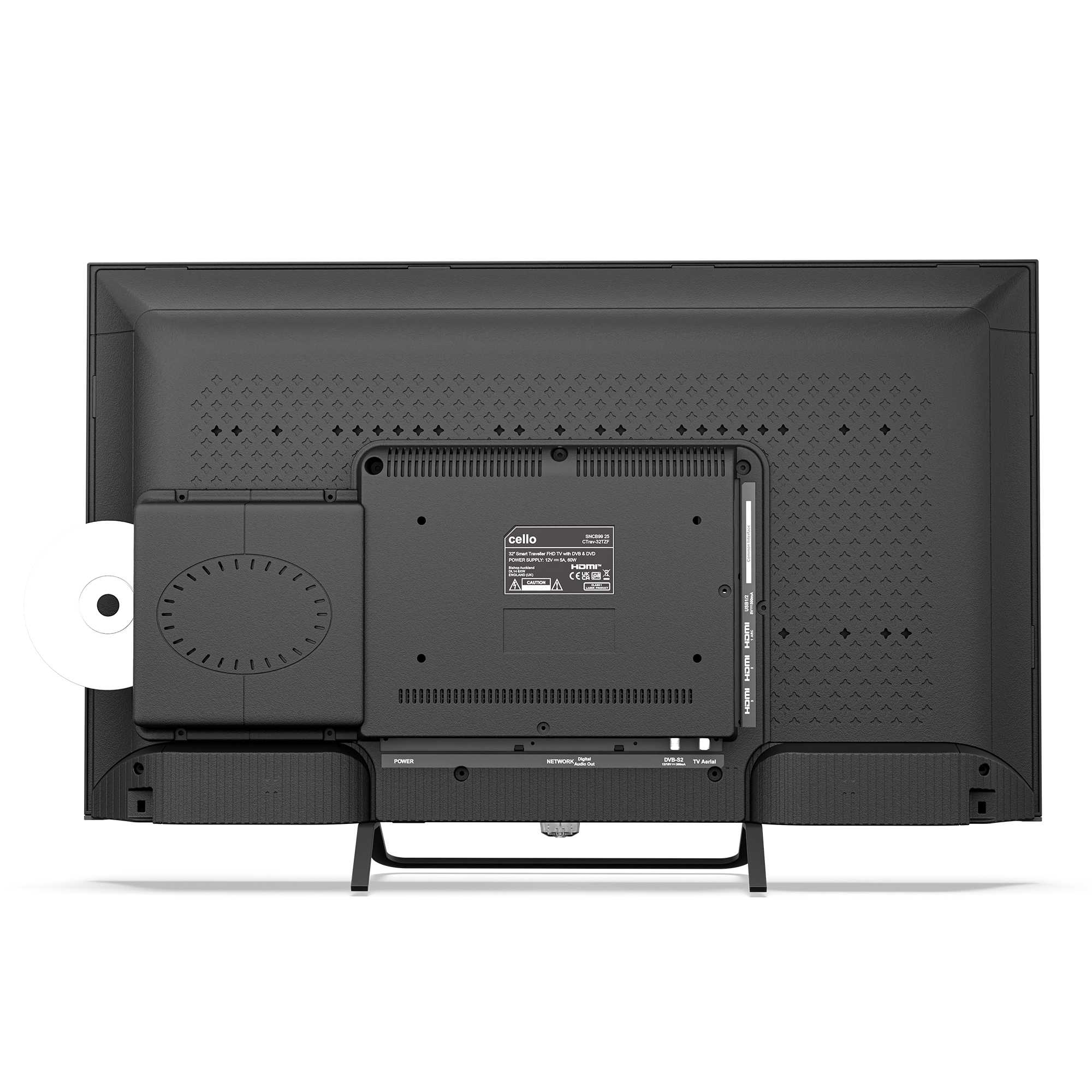 Parte trasera de un televisor negro con ranura para DVD y puertos.