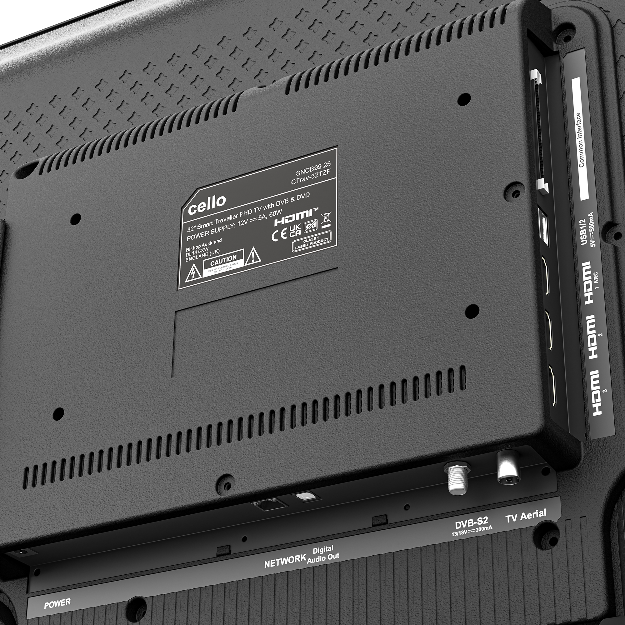 Parte trasera de un televisor negro mostrando puertos: HDMI, USB, Common Interface, DVB-S2, Antena TV, Red, Alimentación.