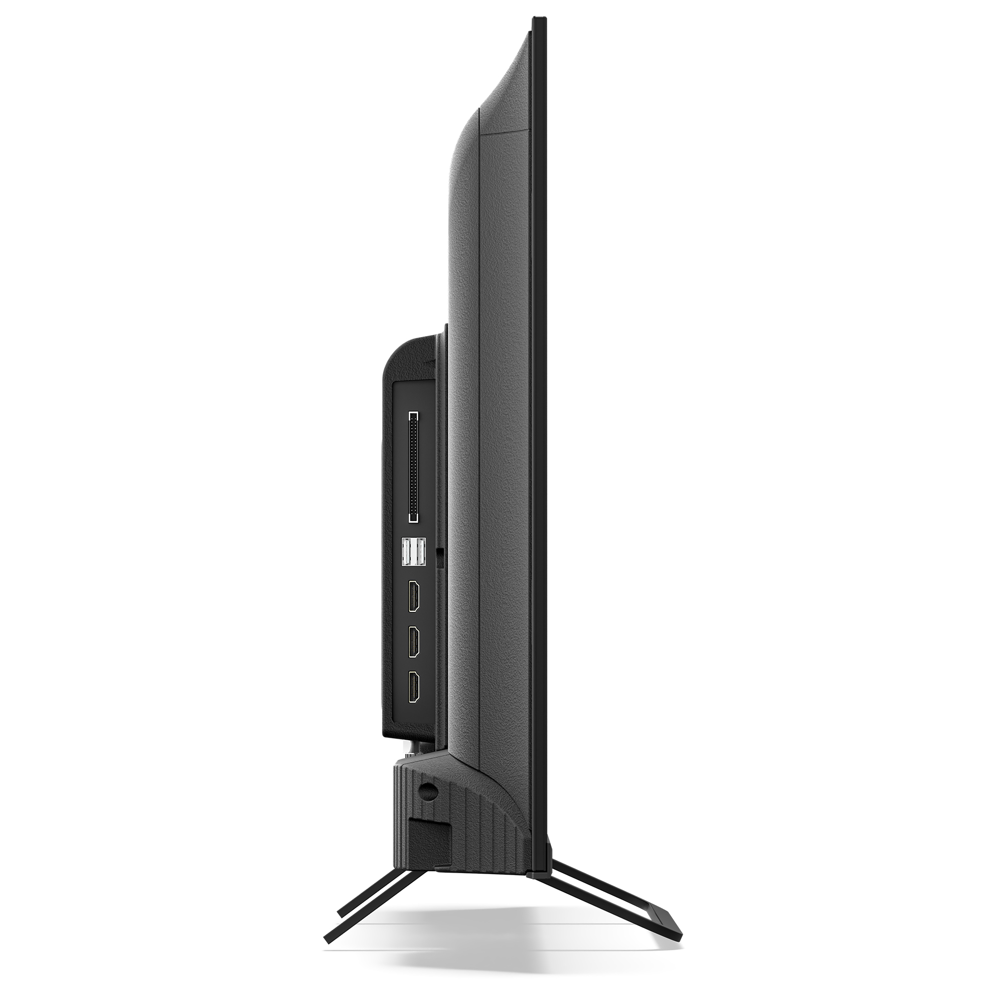 Televisor negro de lado, mostrando puertos y soporte.