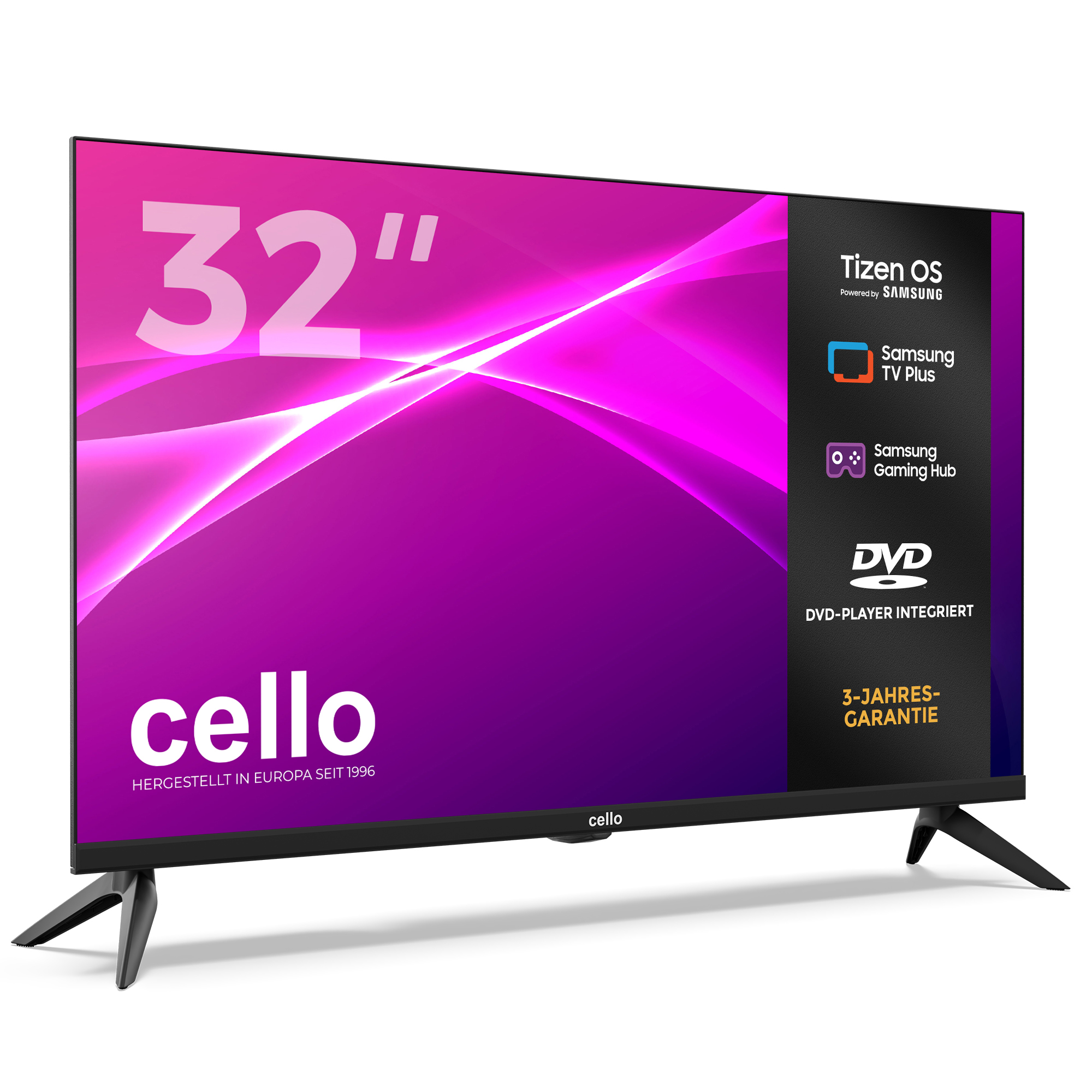 Un televisor de 32 pulgadas con marco y soporte negros, muestra gráficos y logos morados.
