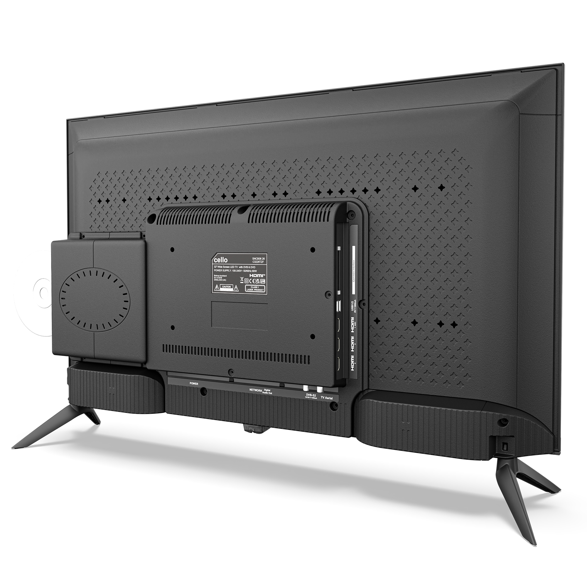 Vista trasera de un televisor negro con puertos y patas.